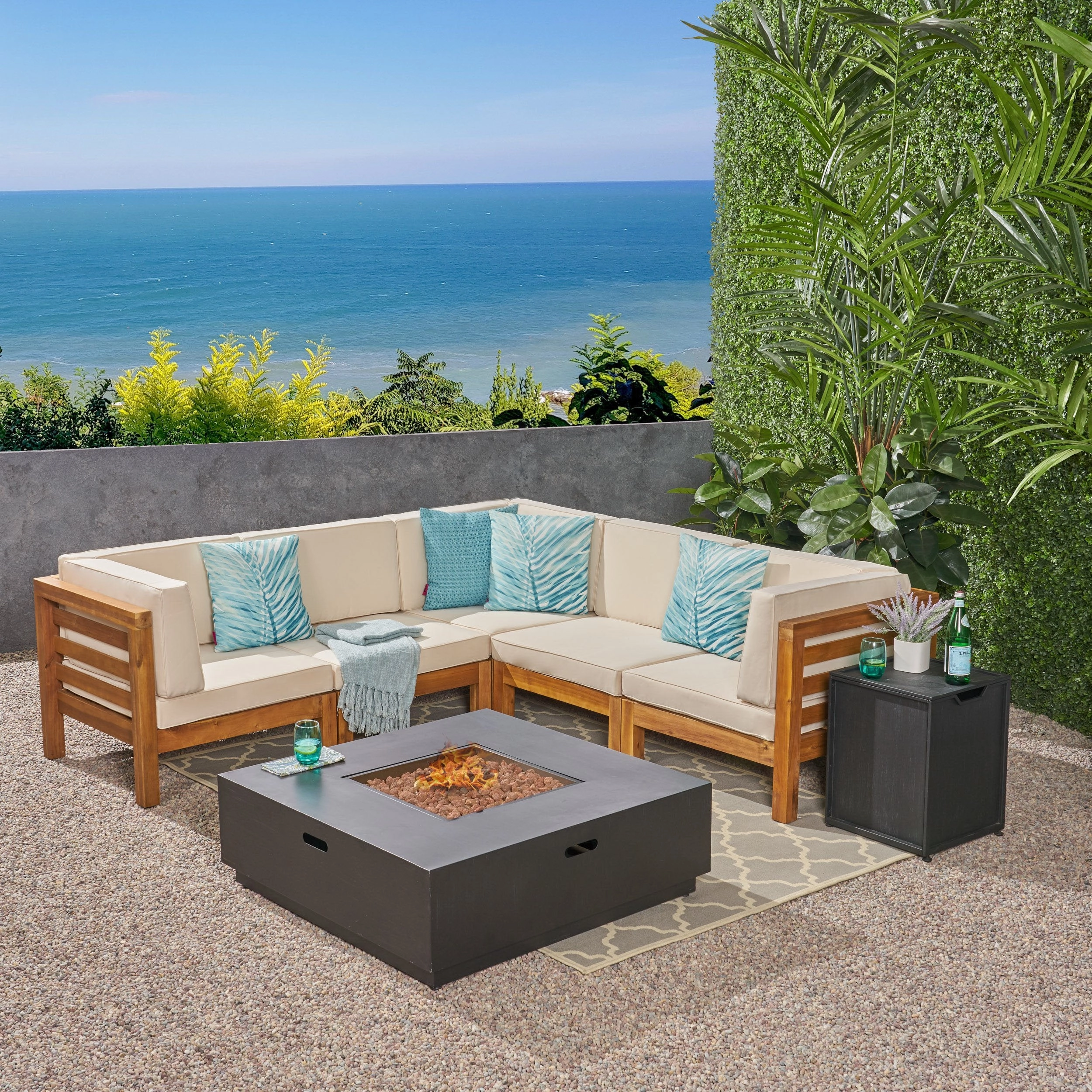 Outdoor 7 Piece V-Shaped Acacia Wood Sectional Sofa Set with Fire Pit and Outdoor Cushions - NH670703 outdoor furniture, garden bench