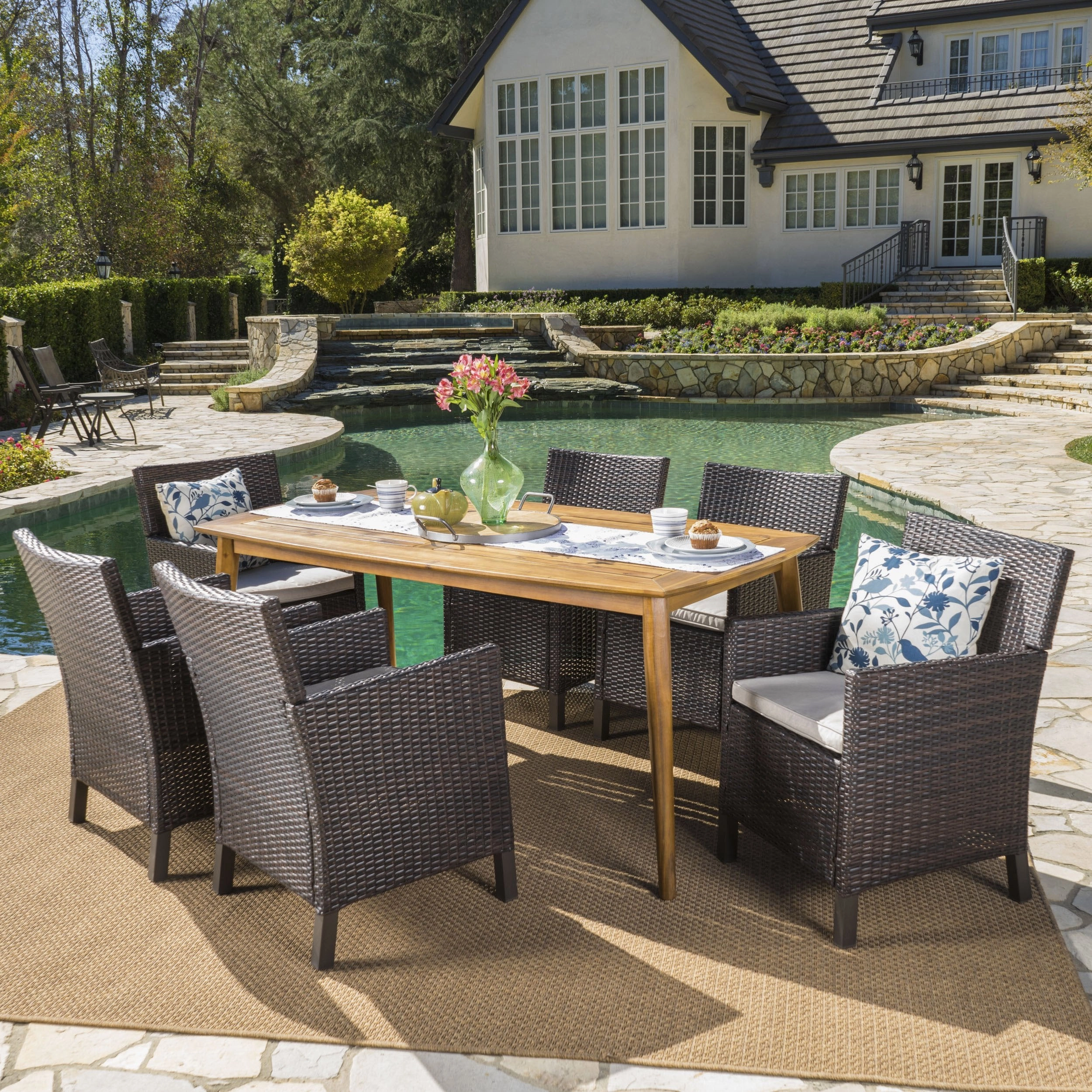 Outdoor 7 Piece Wicker Dining Set with Acacia Wood Table - NH153203 outdoor lounge chair, patio sofa