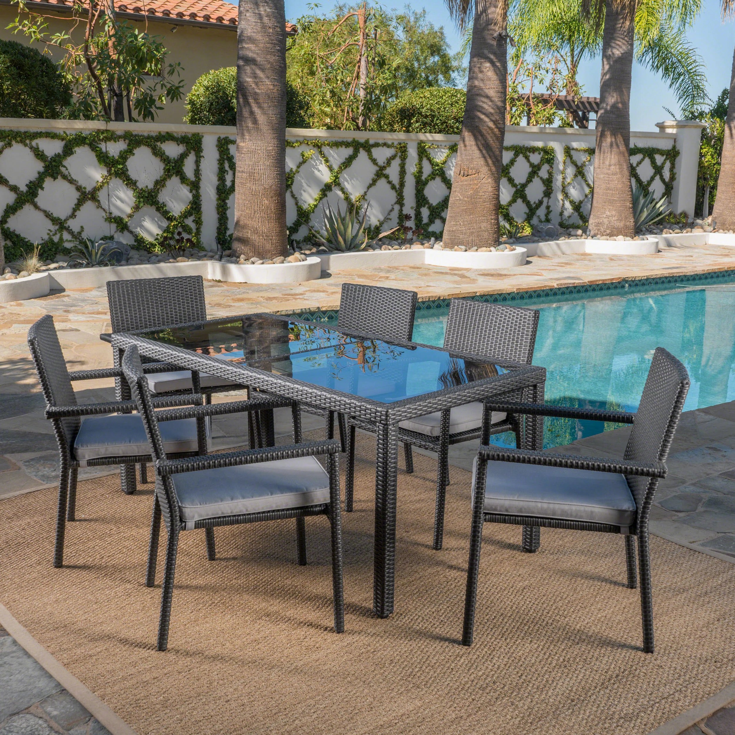 Outdoor 7 Piece Wicker Dining Set with Water Resistant Cushions - NH392203 outdoor lounge chair, patio sofa