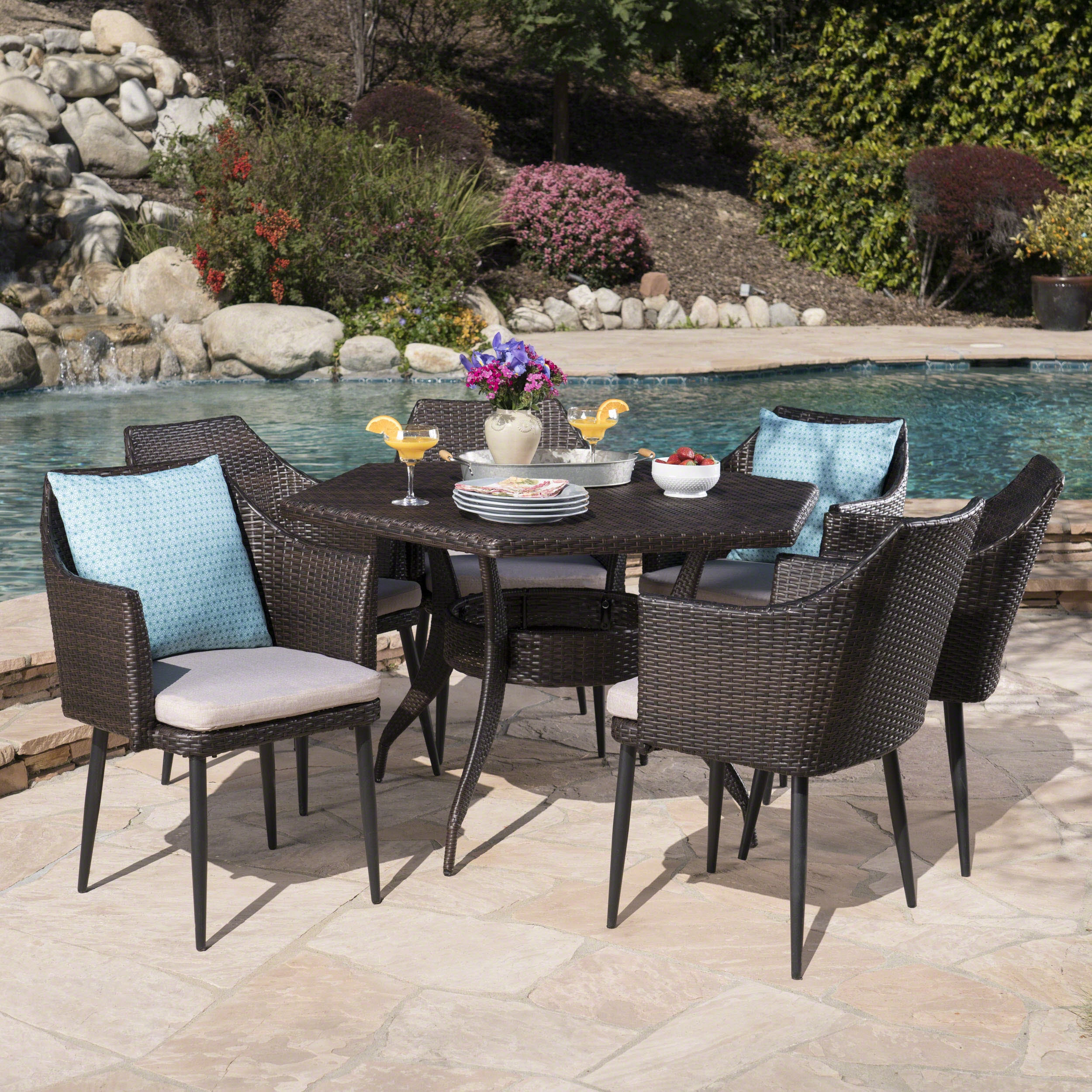 Outdoor 7 Piece Wicker Hexagon Dining Set with Water Resistant Cushions - NH071403 outdoor lounge chair, patio sofa