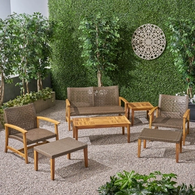 Outdoor 7 Piece Wood and Wicker Chat Set - NH881803 outdoor furniture, garden bench