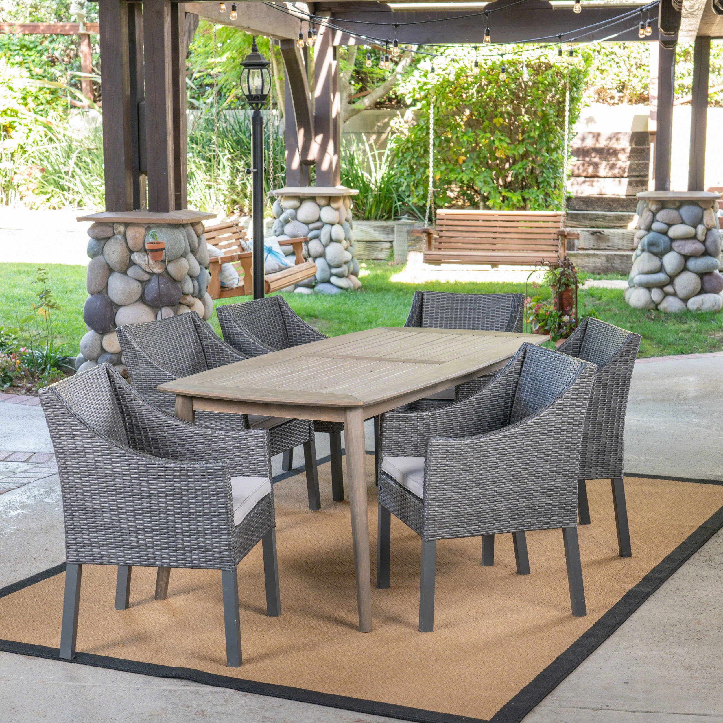 Outdoor 7 Piece Wood and Wicker Dining Set, Gray and Gray - NH271503 outdoor lounge chair, patio sofa