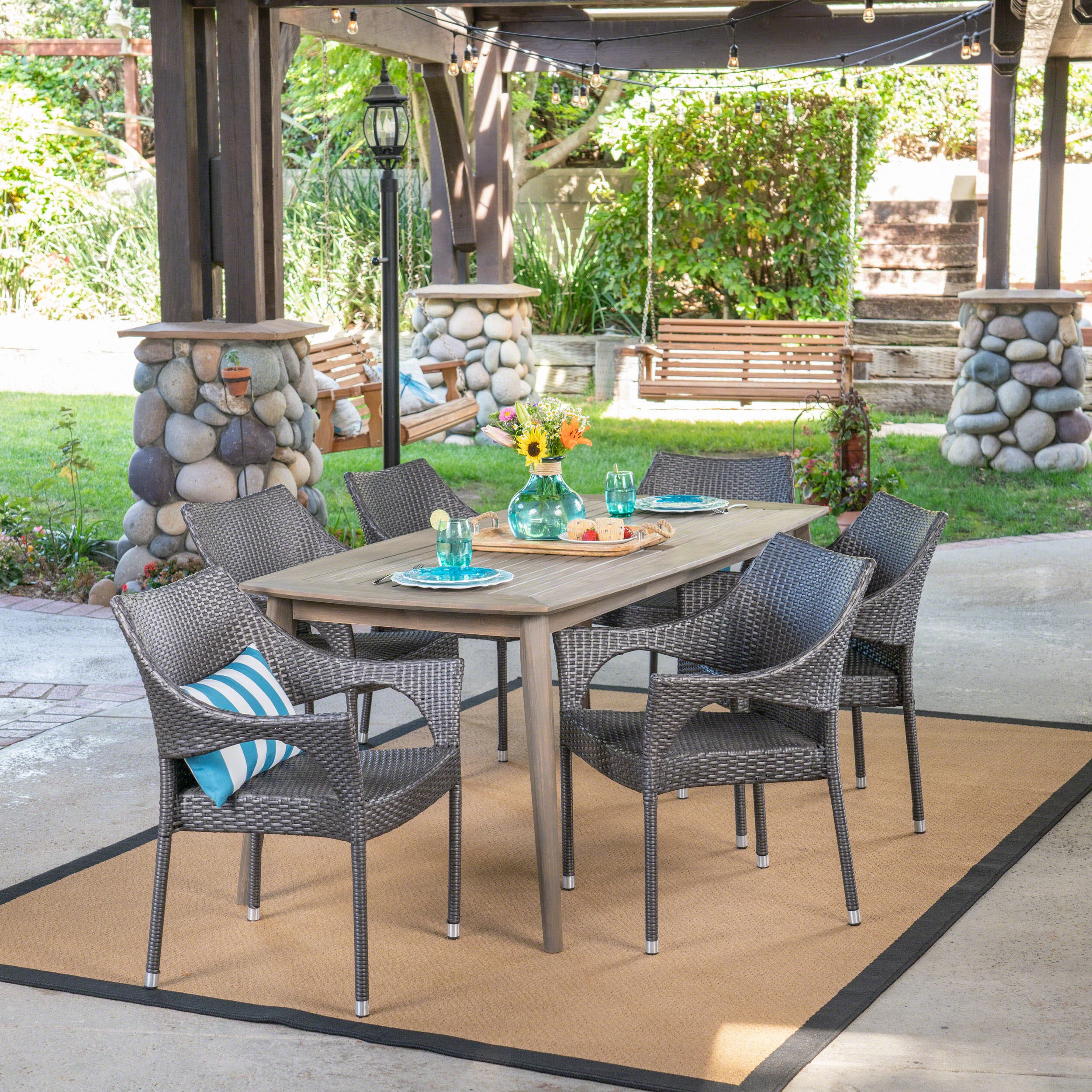 Outdoor 7 Piece Wood and Wicker Dining Set, Gray and Gray - NH471503 outdoor lounge chair, patio sofa