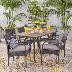 Outdoor 7 Piece Wood and Wicker Dining Set, Gray and Gray - NH521503 outdoor lounge chair, patio sofa