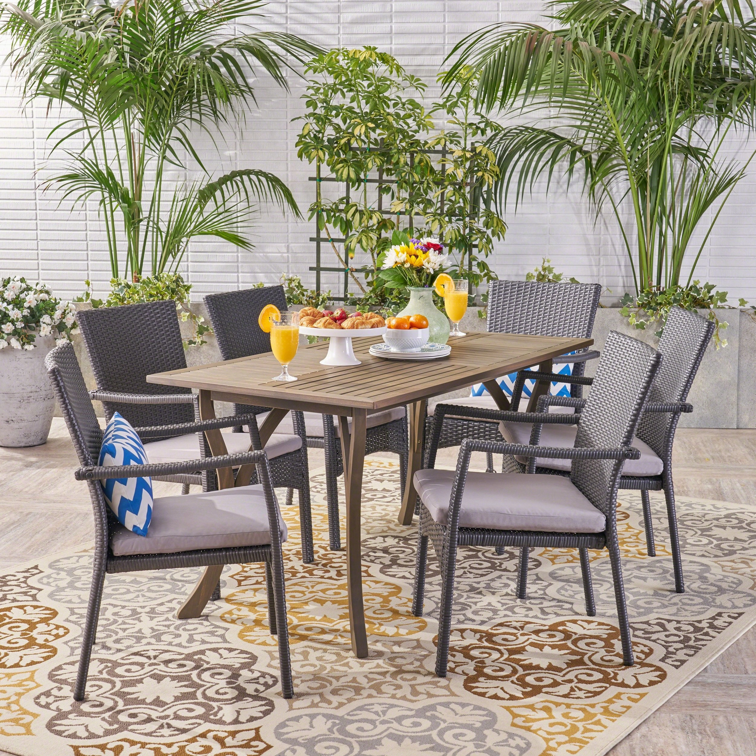 Outdoor 7 Piece Wood and Wicker Dining Set, Gray and Gray - NH621503 outdoor lounge chair, patio sofa