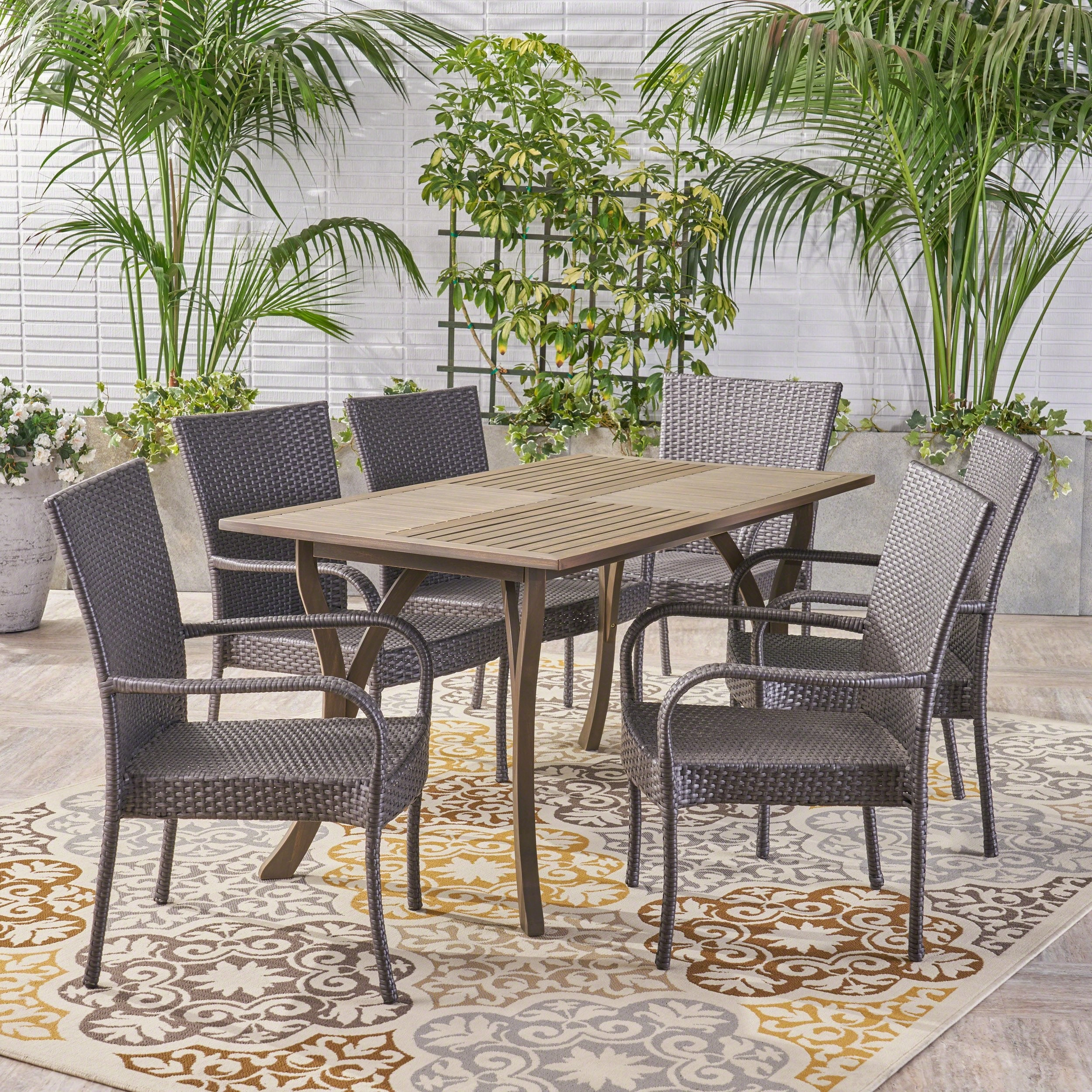 Outdoor 7 Piece Wood and Wicker Dining Set, Gray and Gray - NH721503 outdoor lounge chair, patio sofa