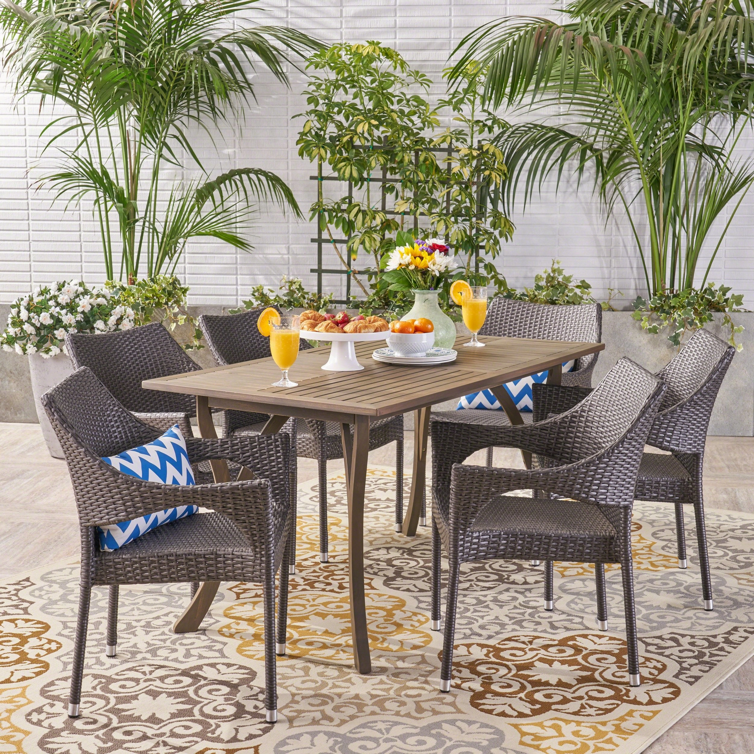 Outdoor 7 Piece Wood and Wicker Dining Set, Gray and Gray - NH821503 outdoor lounge chair, patio sofa
