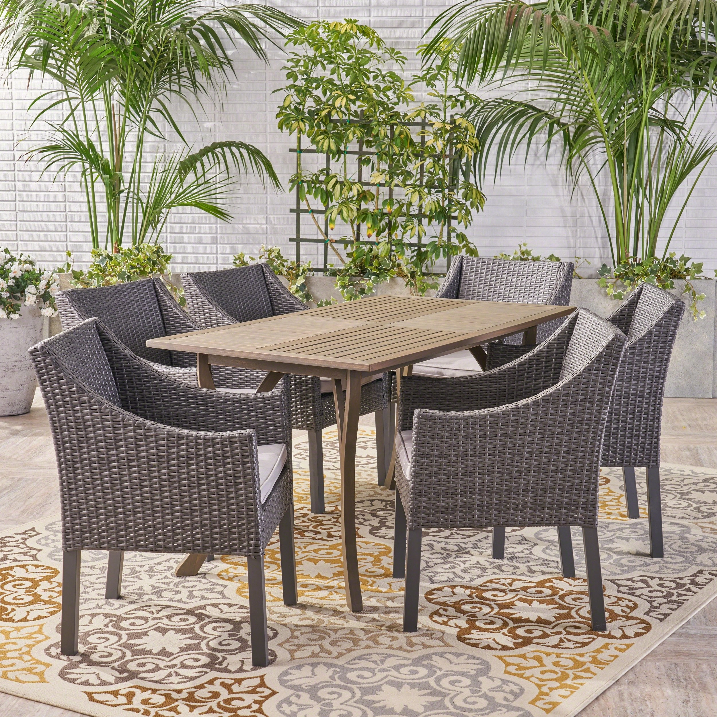Outdoor 7 Piece Wood and Wicker Dining Set, Gray and Gray - NH921503 outdoor lounge chair, patio sofa