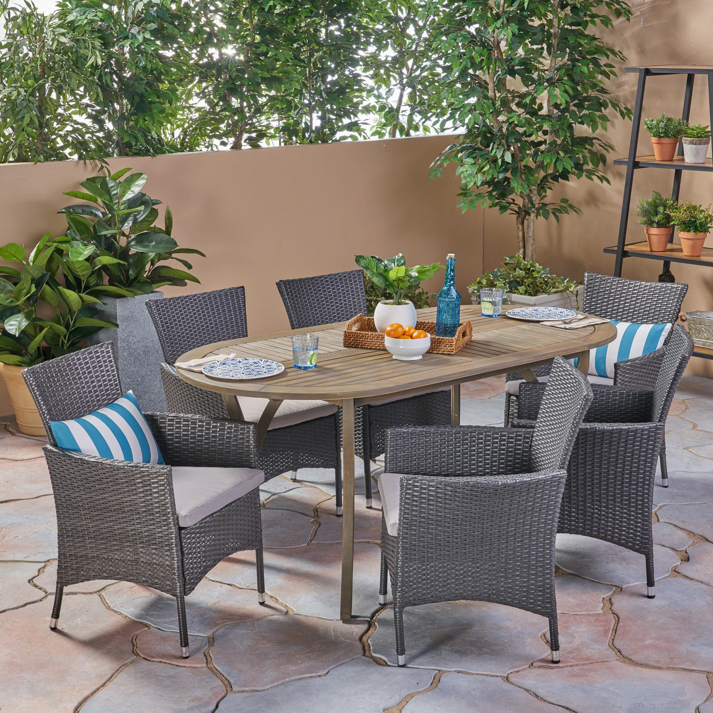 Outdoor 7 Piece Wood and Wicker Dining Set, Gray Finish and Gray - NH072503 outdoor lounge chair, patio sofa