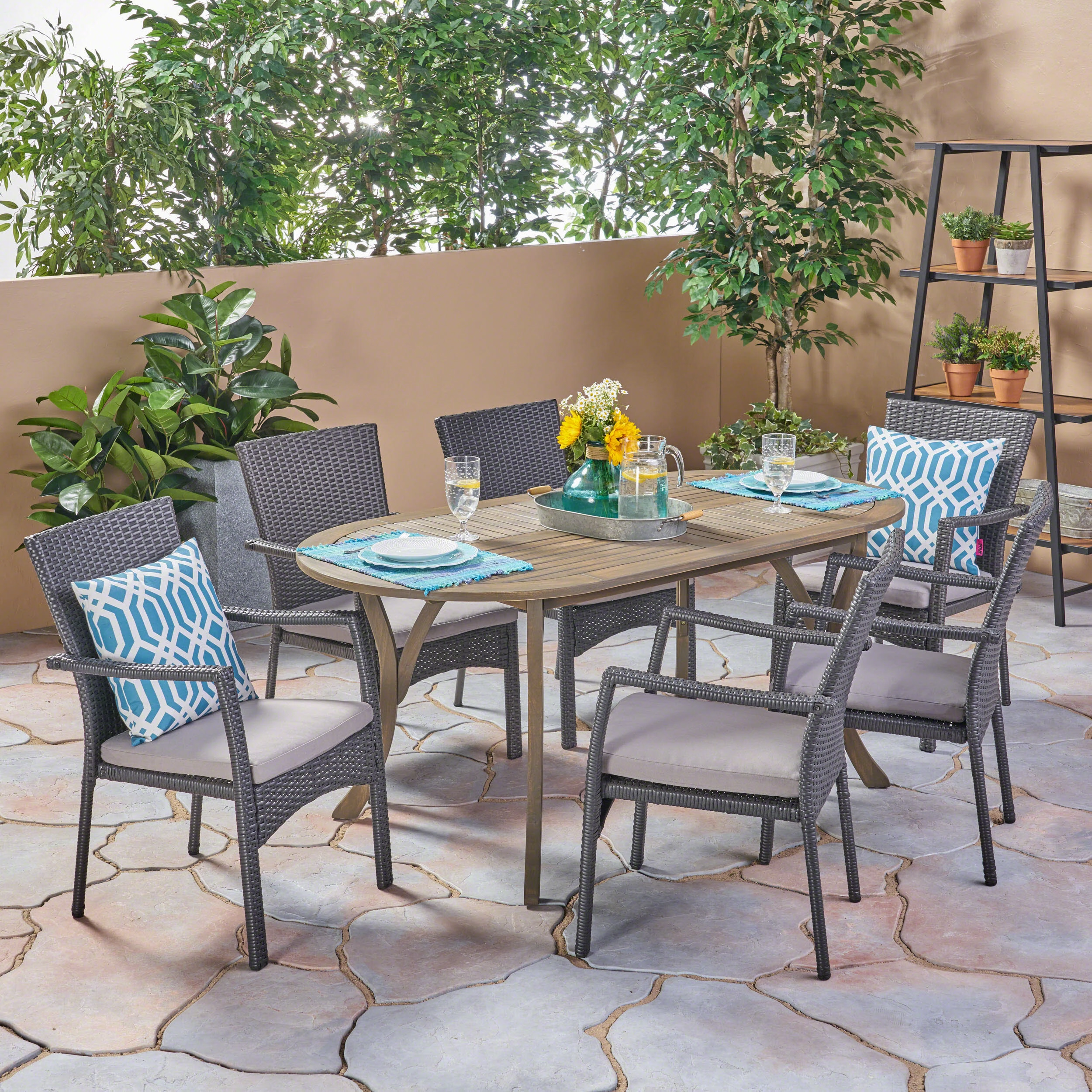 Outdoor 7 Piece Wood and Wicker Dining Set, Gray Finish and Gray - NH172503 outdoor lounge chair, patio sofa