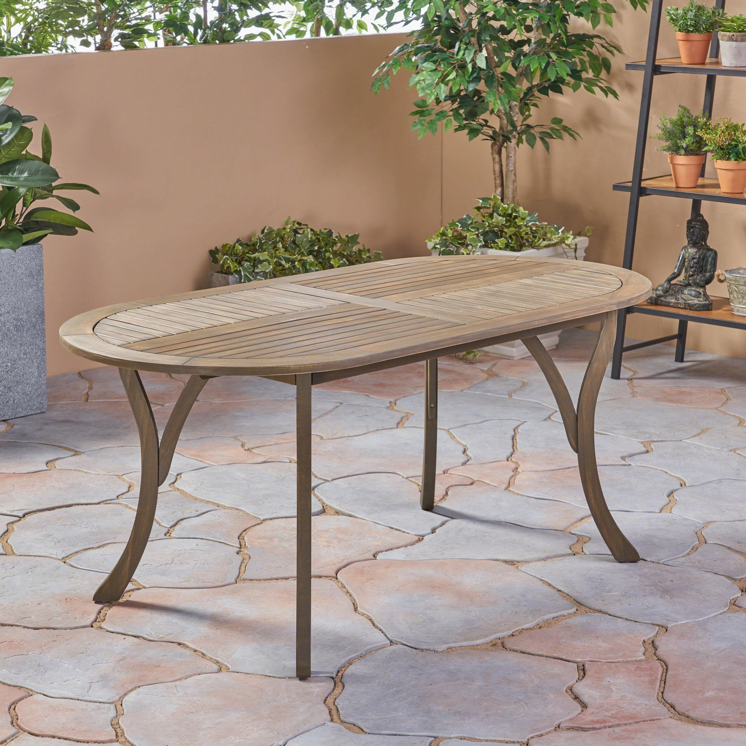 Outdoor 7 Piece Wood and Wicker Dining Set, Gray Finish and Gray - NH172503