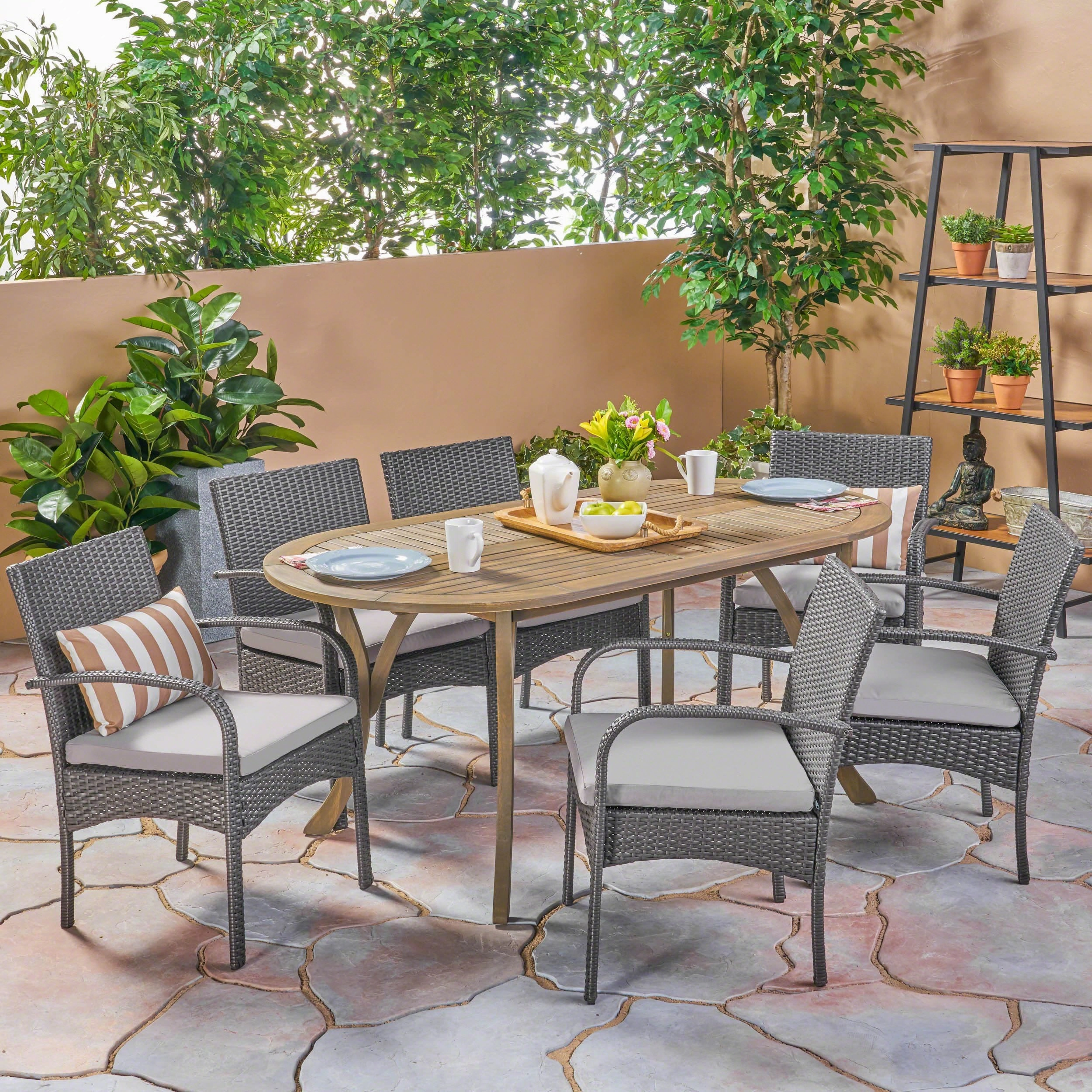 Outdoor 7 Piece Wood and Wicker Dining Set, Gray Finish and Gray - NH272503 outdoor lounge chair, patio sofa