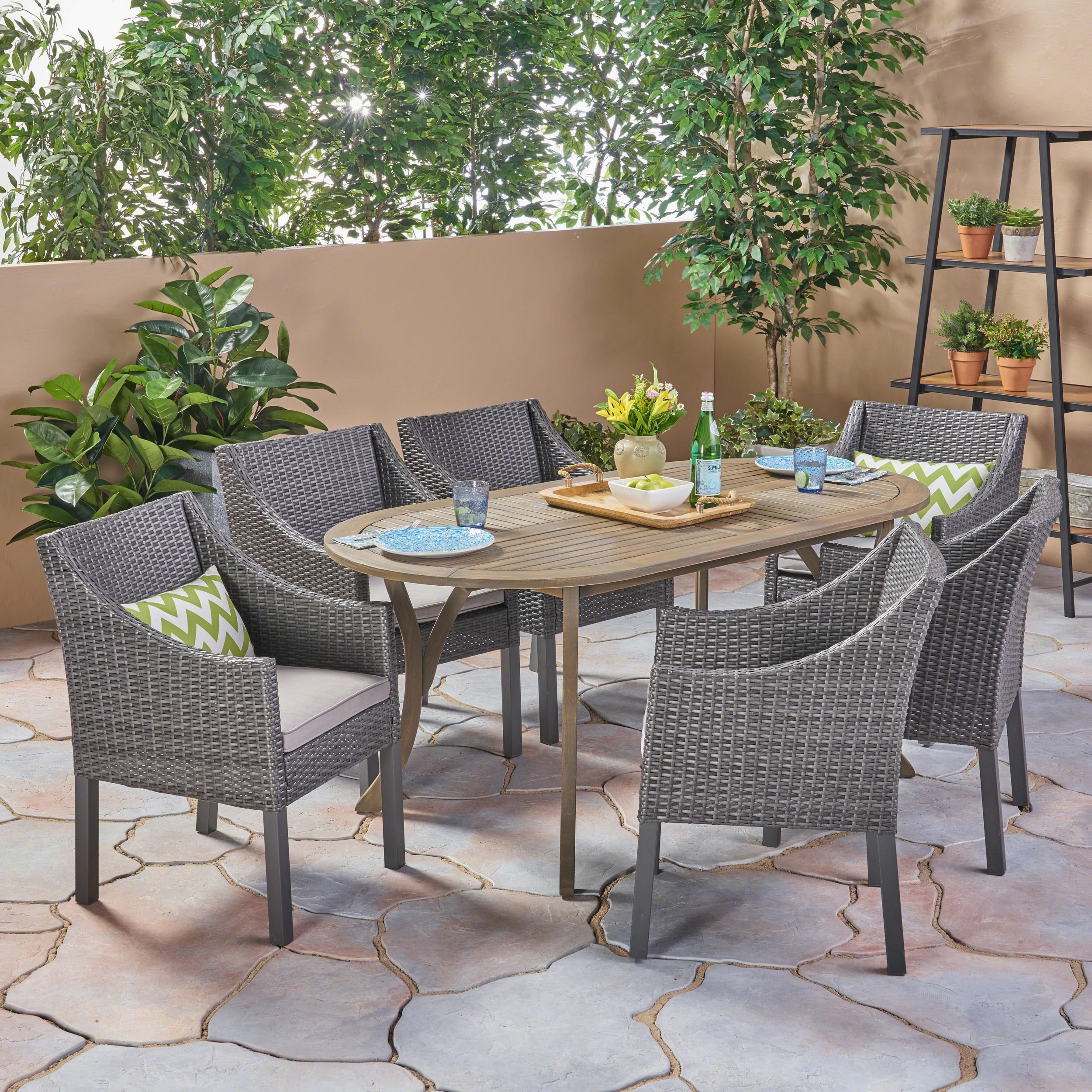Outdoor 7 Piece Wood and Wicker Dining Set, Gray Finish and Gray - NH372503 outdoor lounge chair, patio sofa