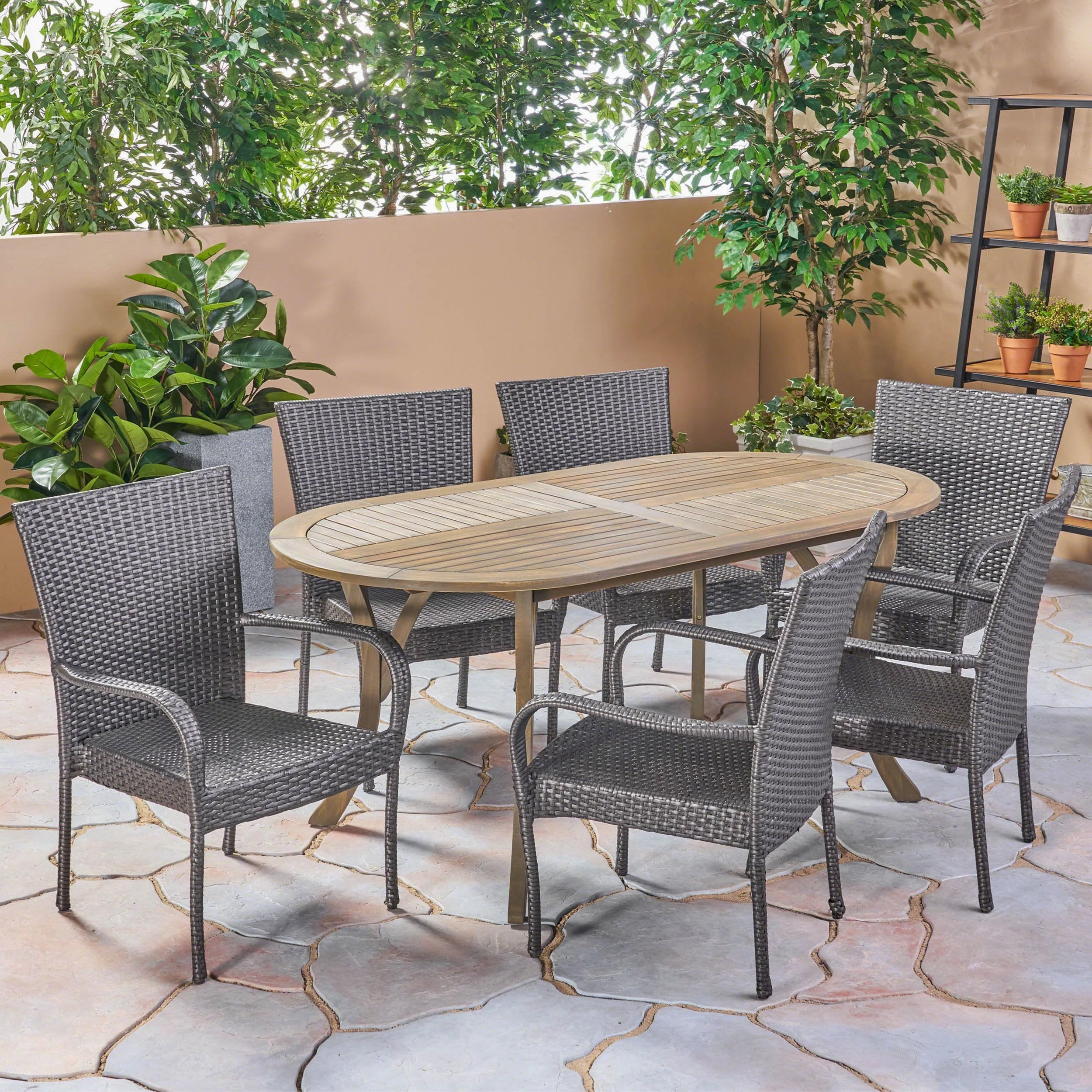 Outdoor 7 Piece Wood and Wicker Dining Set, Gray Finish and Gray - NH862503 outdoor lounge chair, patio sofa