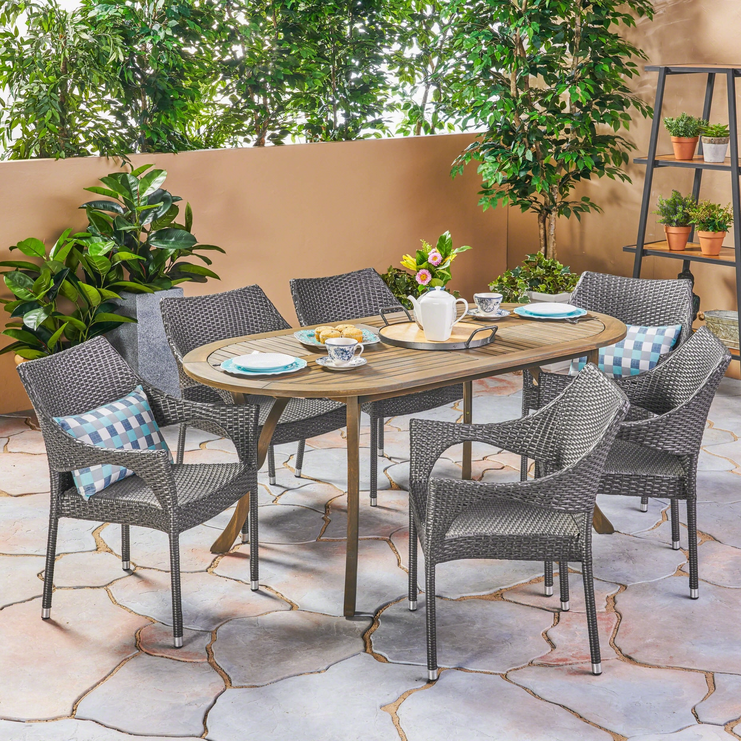 Outdoor 7 Piece Wood and Wicker Dining Set, Gray Finish and Gray - NH962503 outdoor lounge chair, patio sofa