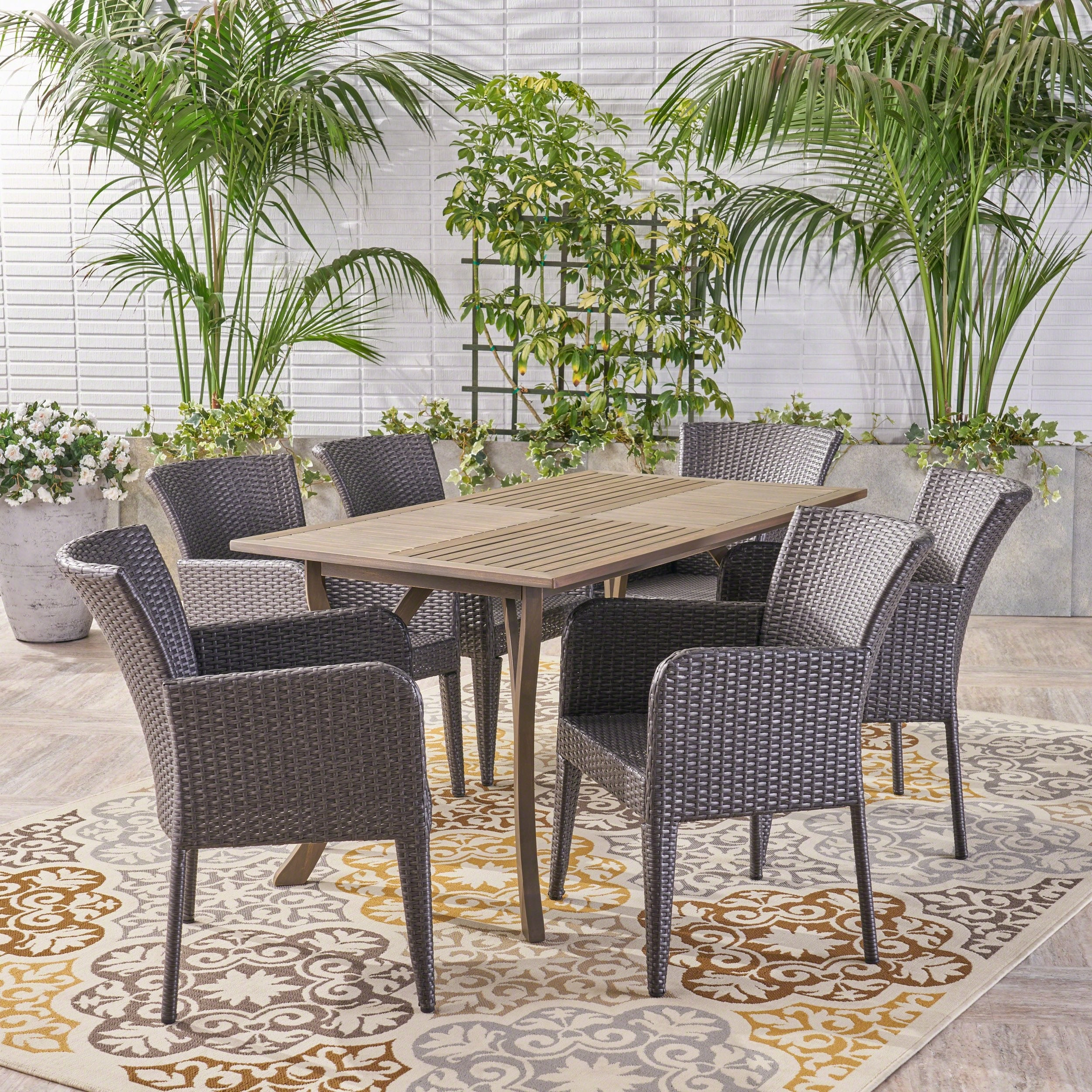 Outdoor 7 Piece Wood and Wicker Dining Set, Gray with Gray Chairs - NH010503 outdoor lounge chair, patio sofa