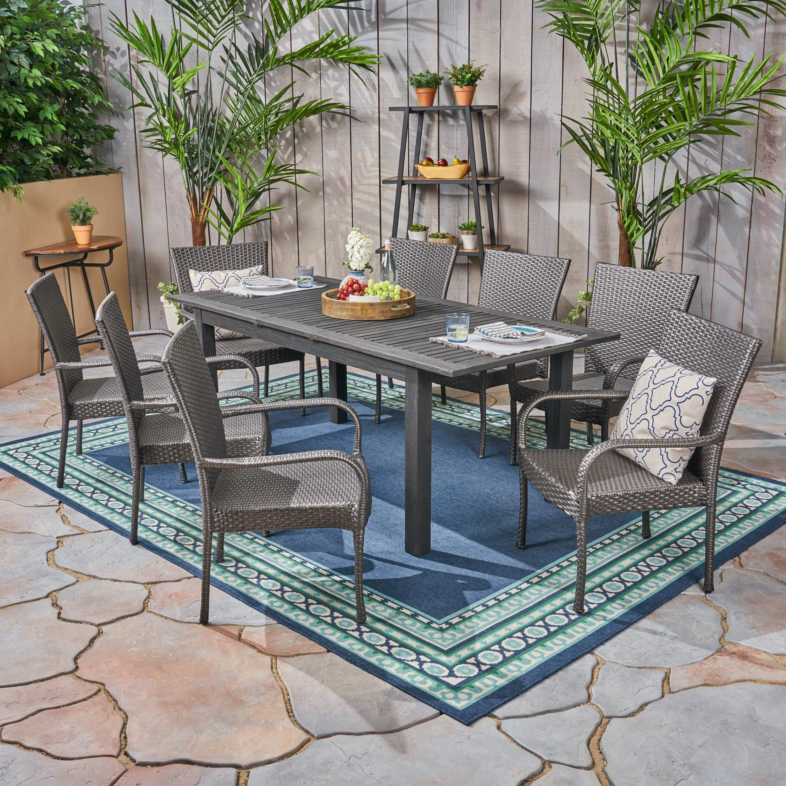 Outdoor 7 Piece Wood and Wicker Expandable Dining Set - NH544503