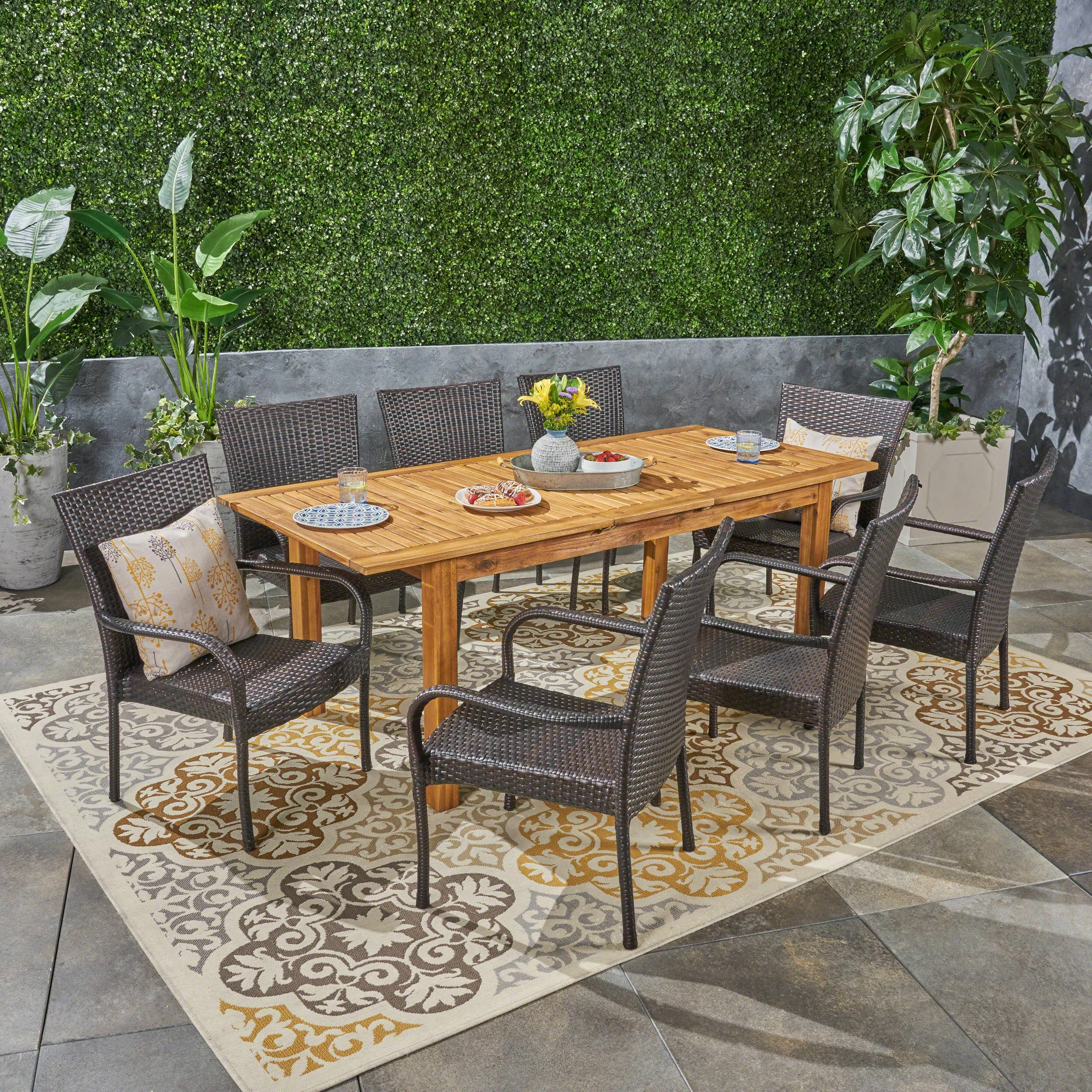 Outdoor 7 Piece Wood and Wicker Expandable Dining Set - NH544503