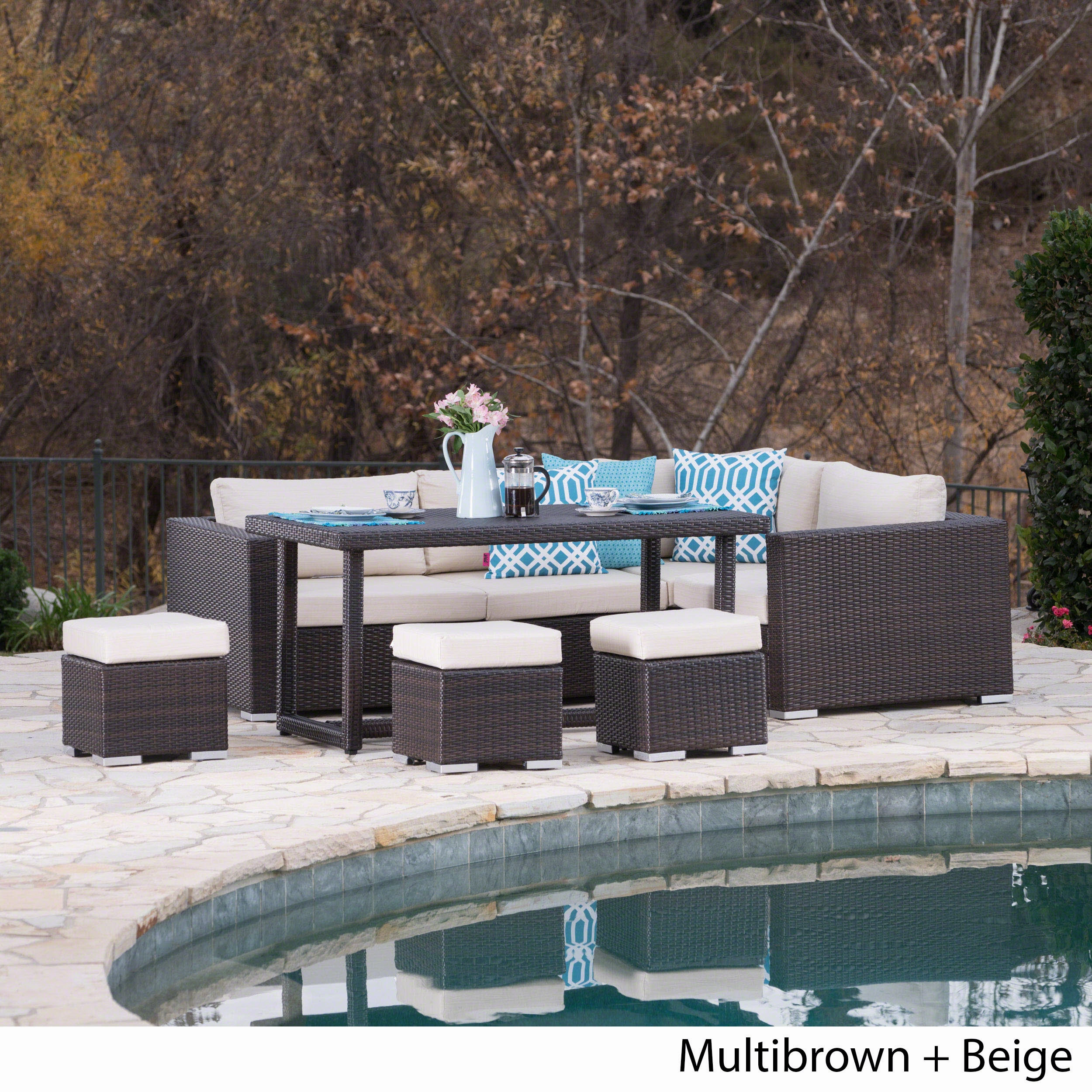 Outdoor 7 Seat Dining Sofa and Ottoman Set with Aluminum Frame - NH894303 outdoor furniture, garden bench