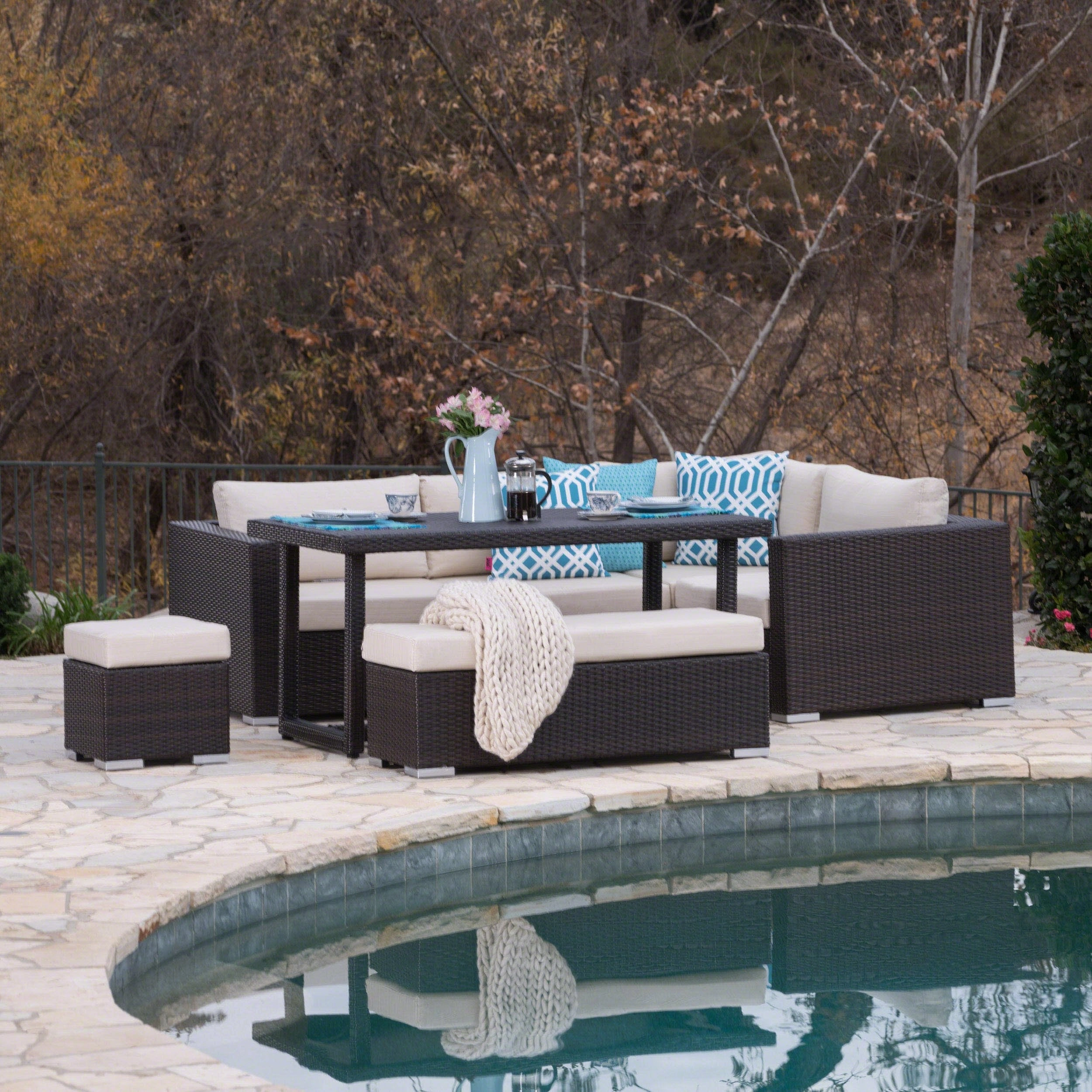 Outdoor 7 Seat Dining Sofa Set with Aluminum Frame and Water Resistant Cushions - NH694303 outdoor furniture, garden bench