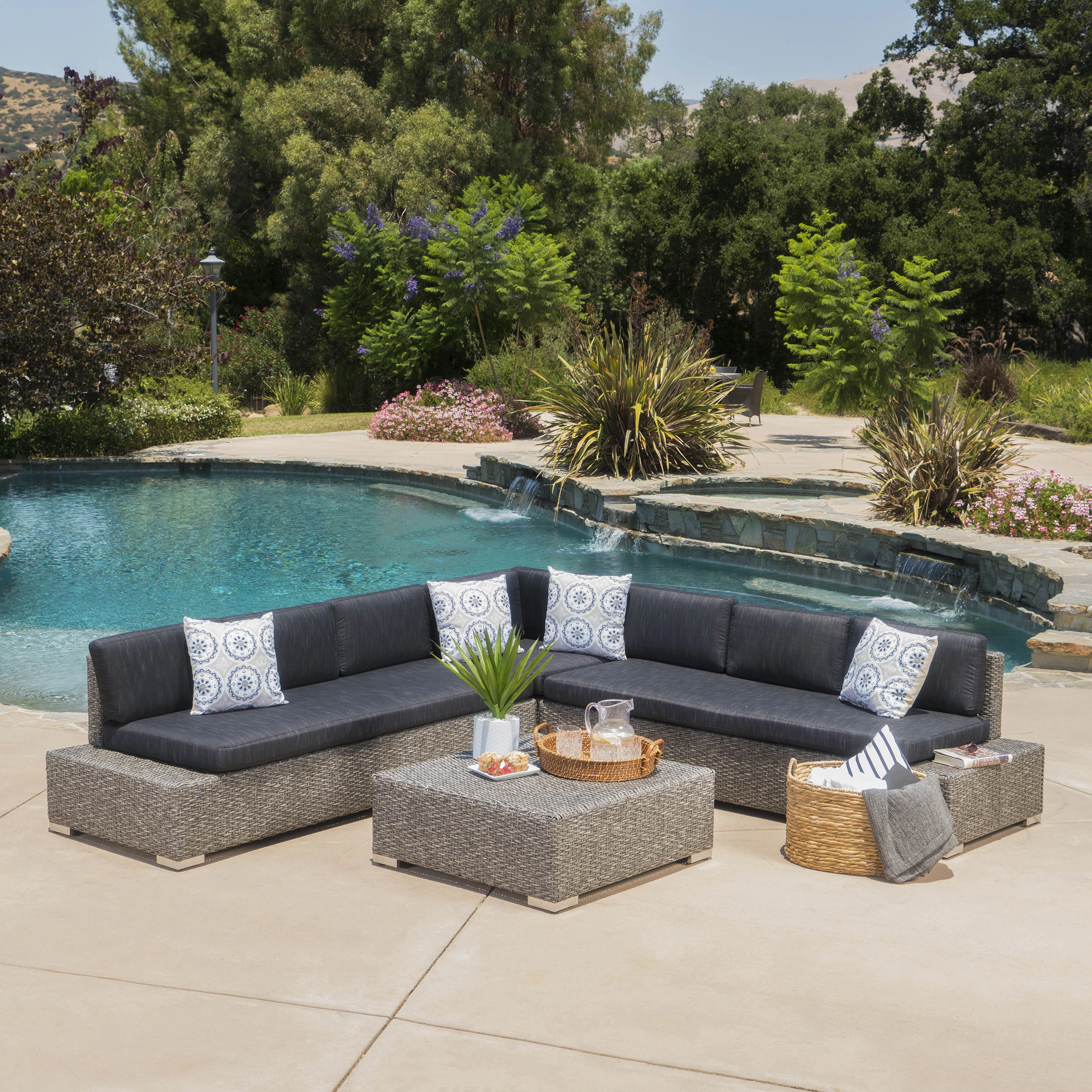 Outdoor 7 Seat Wicker V Shaped Sectional Sofa w/ Water Resistant Cushions - NH811103 outdoor furniture, garden bench