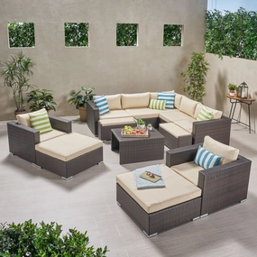 Outdoor 7 Seater V Shaped Wicker Sectional Sofa Chat Set with Ottomans - NH579903 outdoor furniture, garden bench