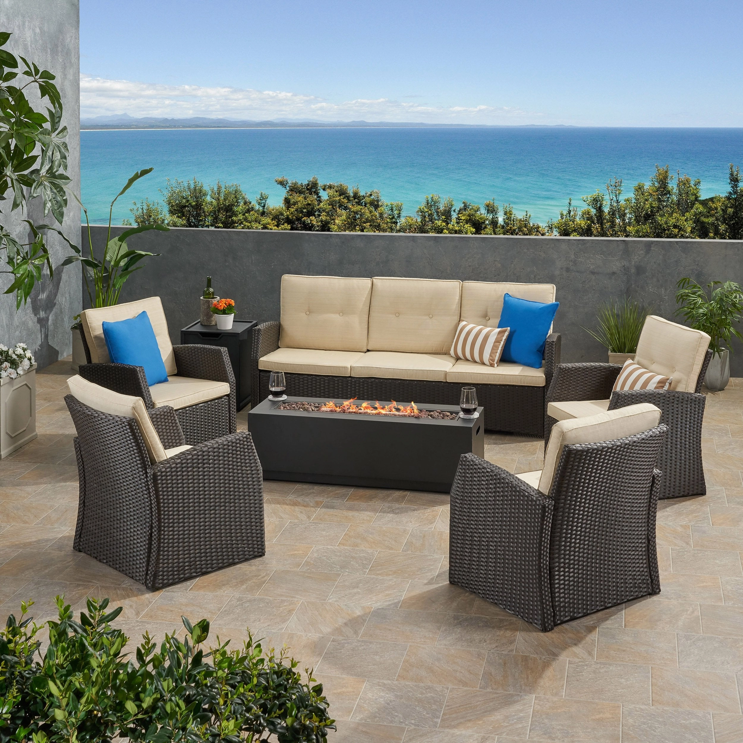 Outdoor 7 Seater Wicker Chat Set with An Iron Fire Pit - NH881503 outdoor furniture, garden bench