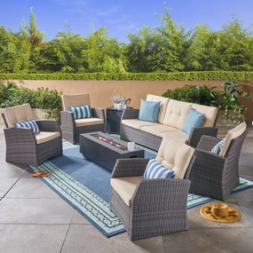 Outdoor 7 Seater Wicker Chat Set with an Iron Fire Pit, Gray and Dark Gray - NH781503 outdoor furniture, garden bench