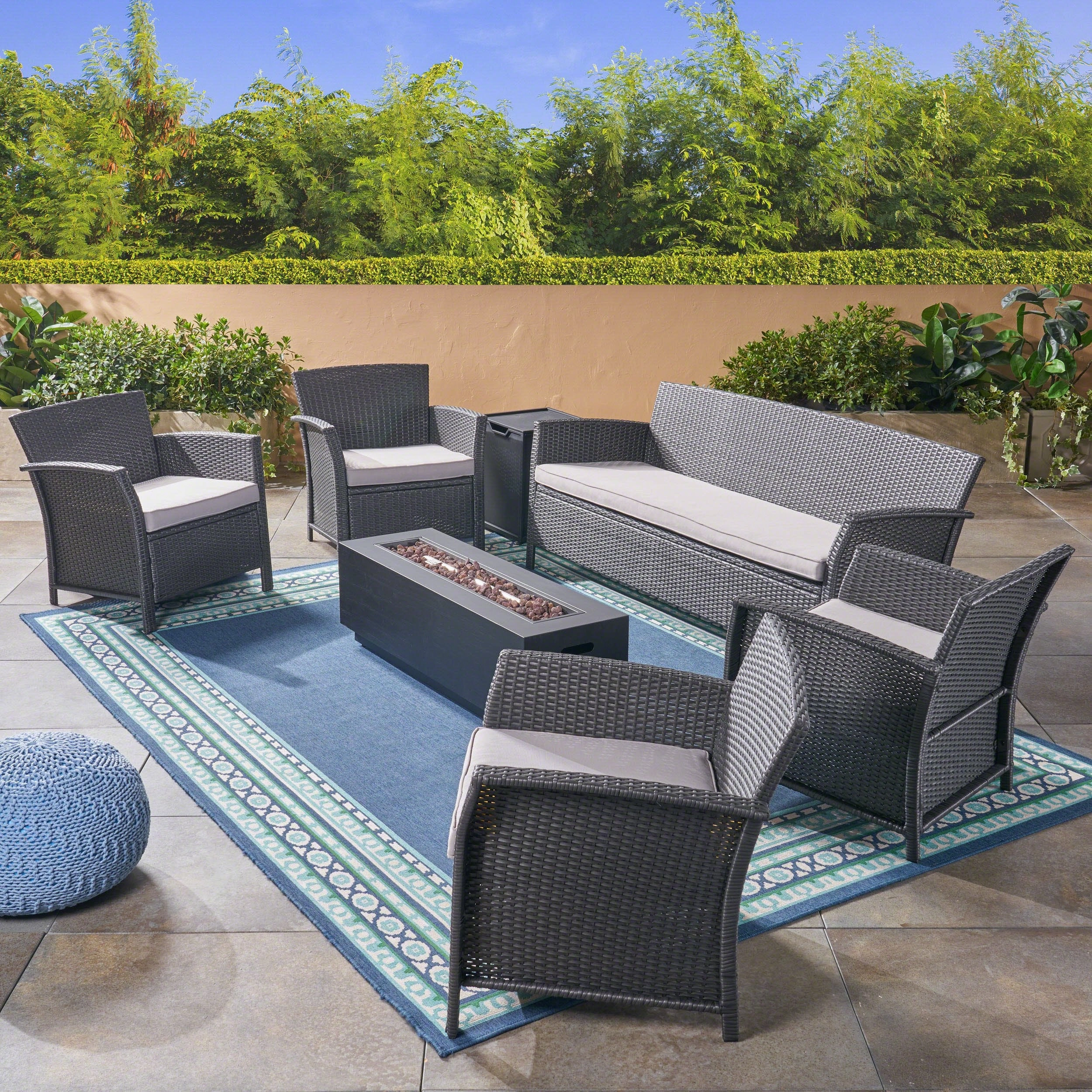 Outdoor 7 Seater Wicker Chat Set with Fire Pit, Gray and Silver and Dark Gray - NH924503 outdoor furniture, garden bench