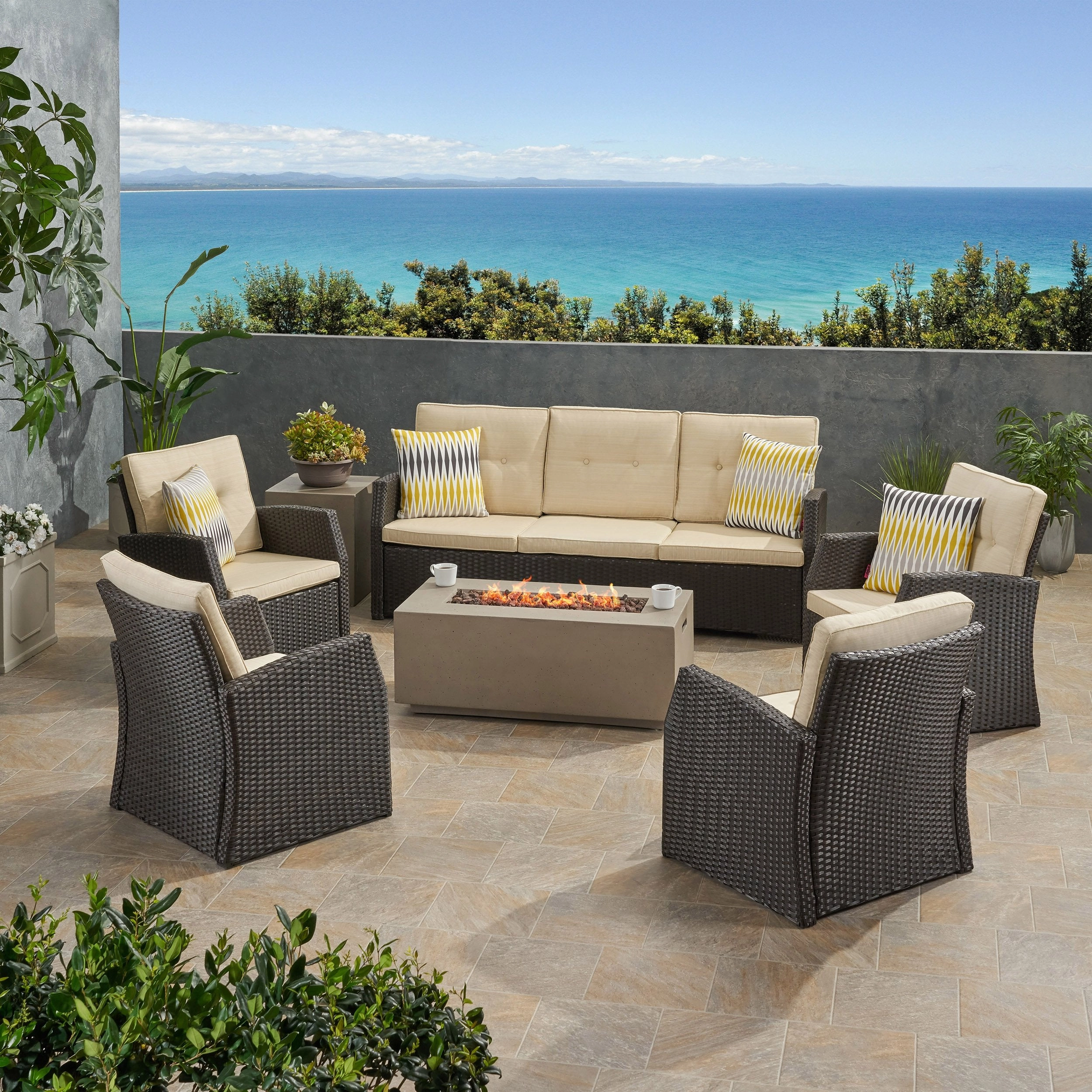 Outdoor 7 Seater Wicker Chat Set with Light Weight Concrete Fire Pit - NH412503 outdoor furniture, garden bench