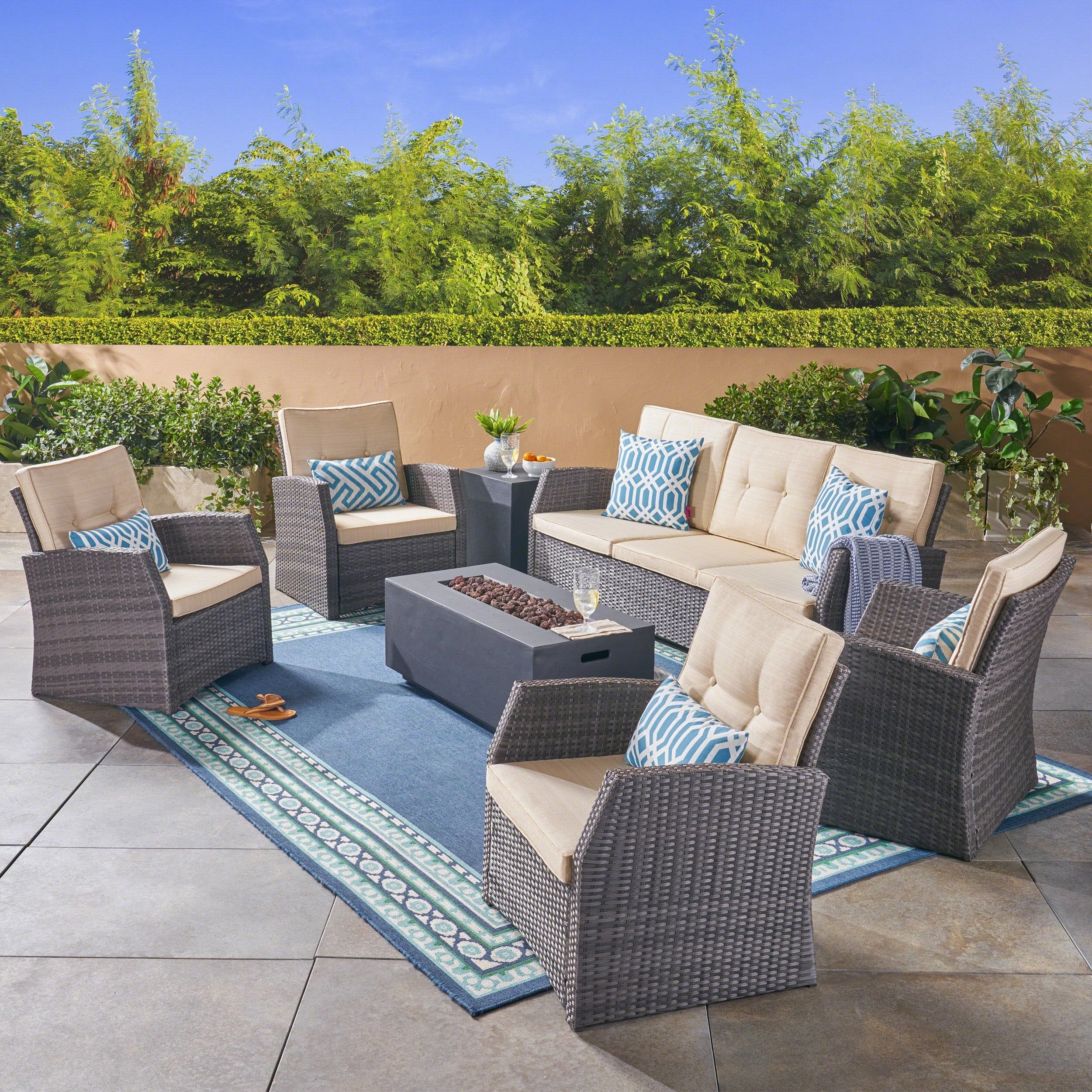 Outdoor 7 Seater Wicker Chat Set with Light Weight Concrete Fire Pit, Gray and Dark Gray - NH312503 outdoor furniture, garden bench