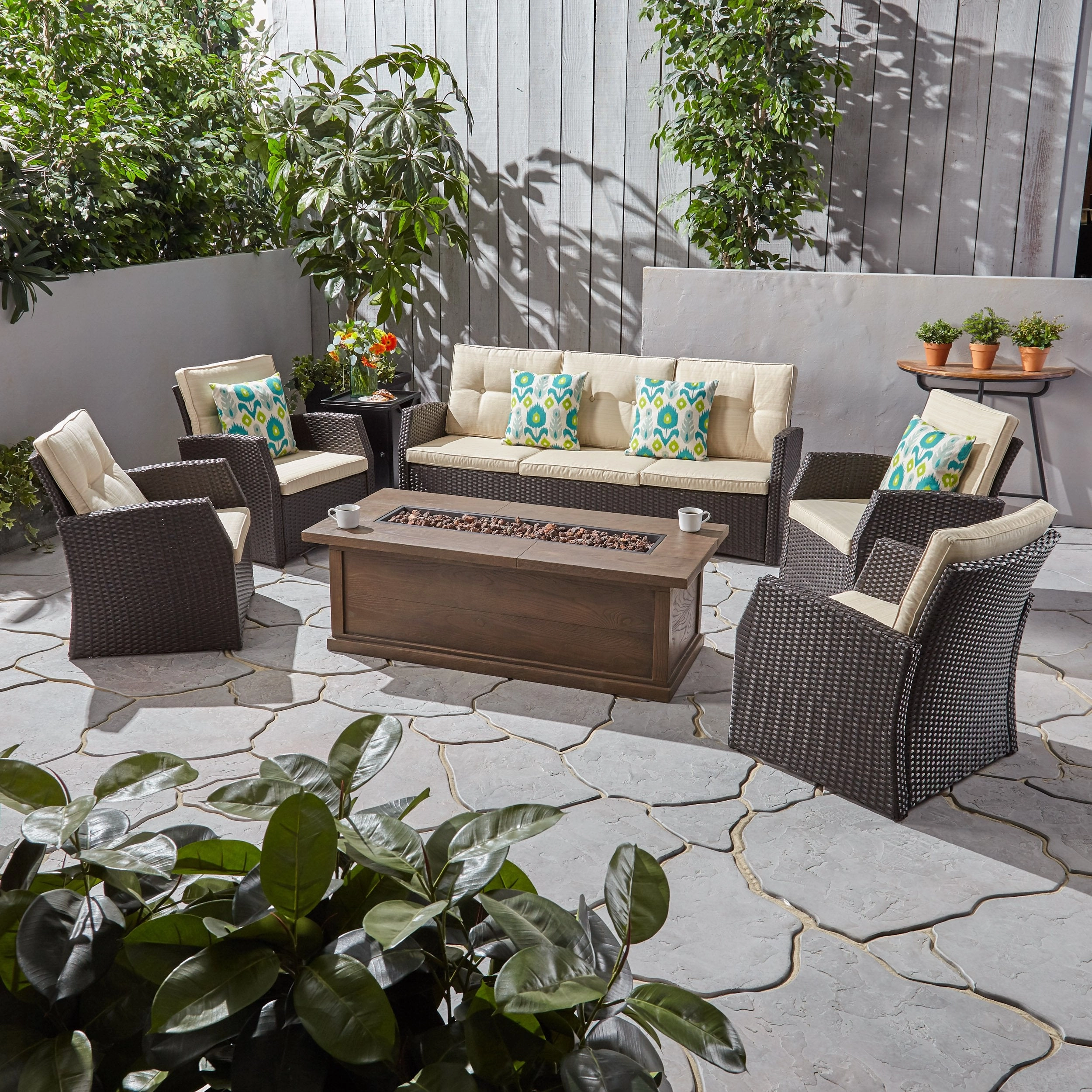 Outdoor 7 Seater Wicker Chat Set with Wood Finished Fire Pit - NH681503 outdoor furniture, garden bench