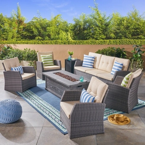 Outdoor 7 Seater Wicker Chat Set with Wood Finished Fire Pit, Gray and Gray - NH581503 outdoor furniture, garden bench