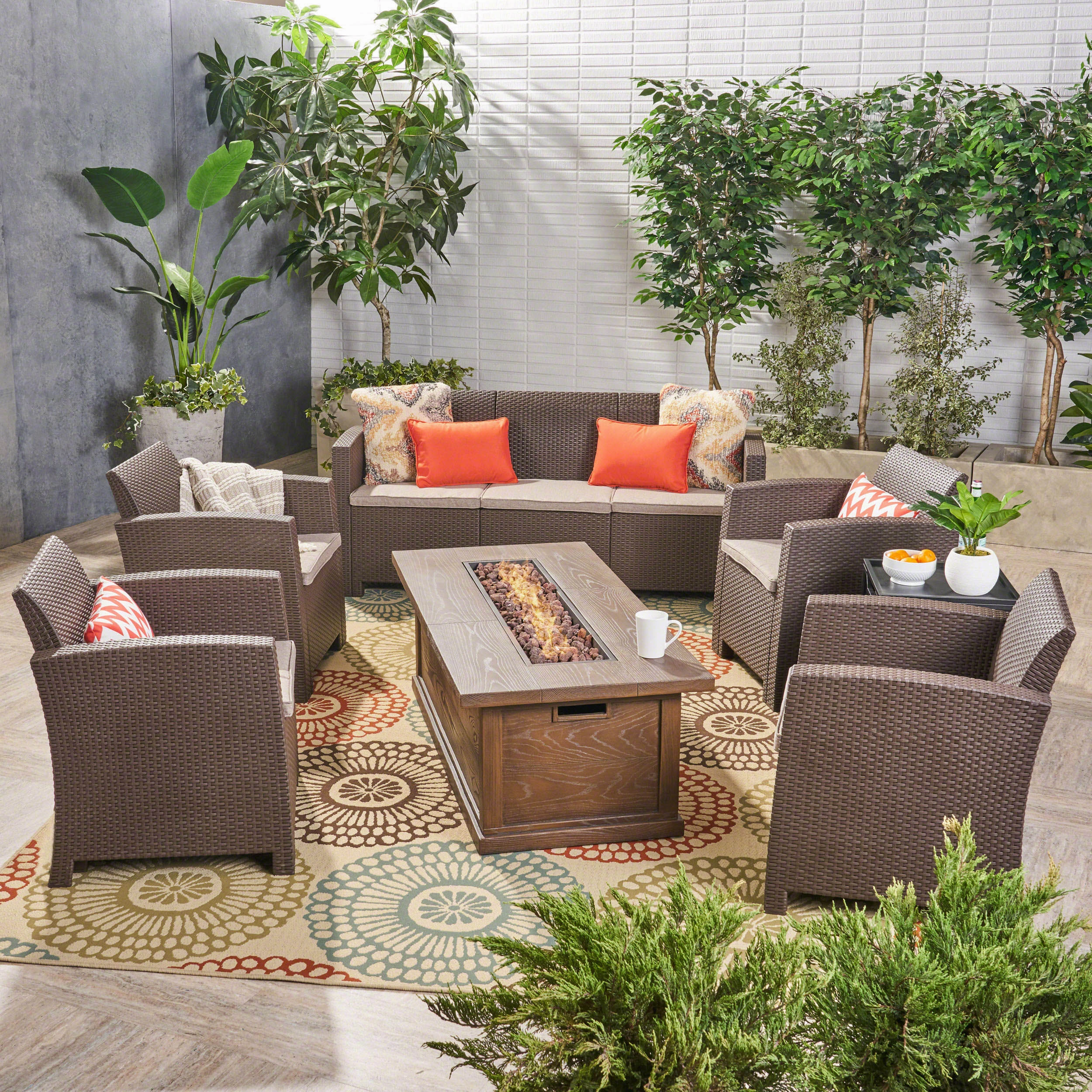 Outdoor 7-Seater Wicker Print Chat Set with Fire Pit and Tank Holder - NH123603 outdoor furniture, garden bench