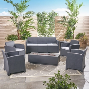 Outdoor 7-Seater Wicker Print Chat Set with Fire Pit and Tank Holder, Charcoal with Light Gray and Dark Gray - NH633603 outdoor furniture, garden bench
