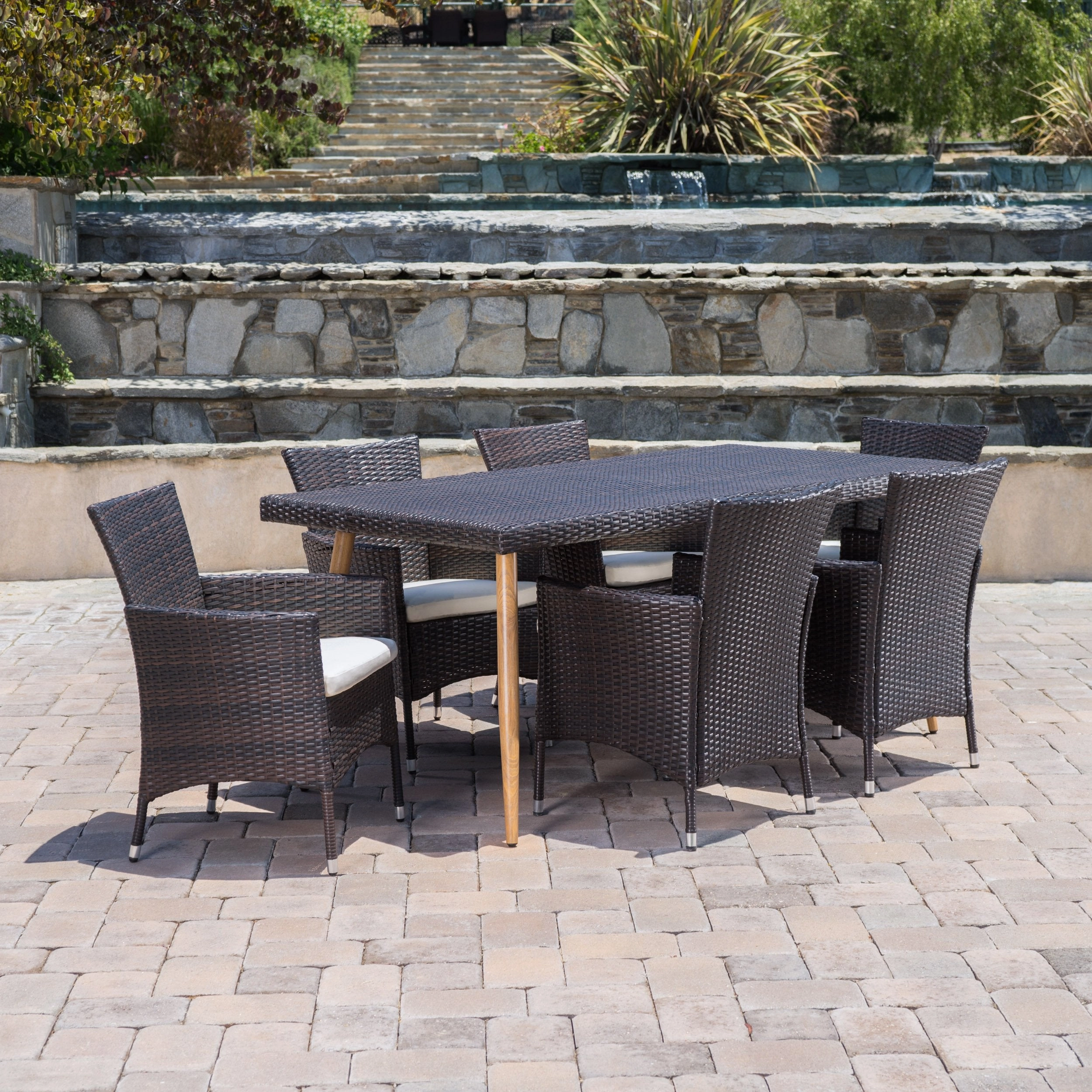 Outdoor 7Pc Multi-brown Wicker Dining Set w/ Water Resistant Cushion - NH760103