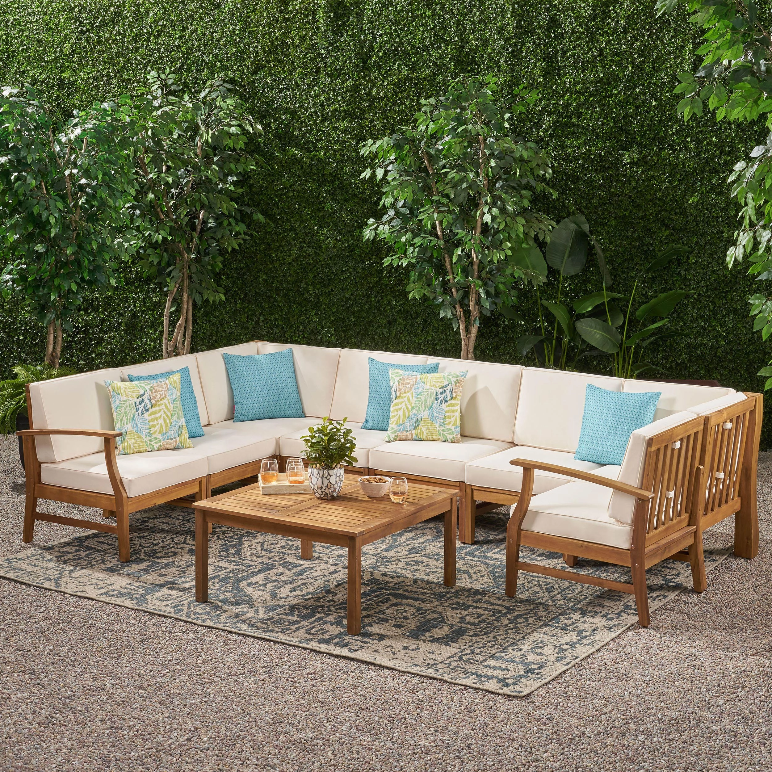 Outdoor 8 Seat Teak Finished Acacia Wood Sectional Sofa and Table Set - NH027303 outdoor furniture, garden bench