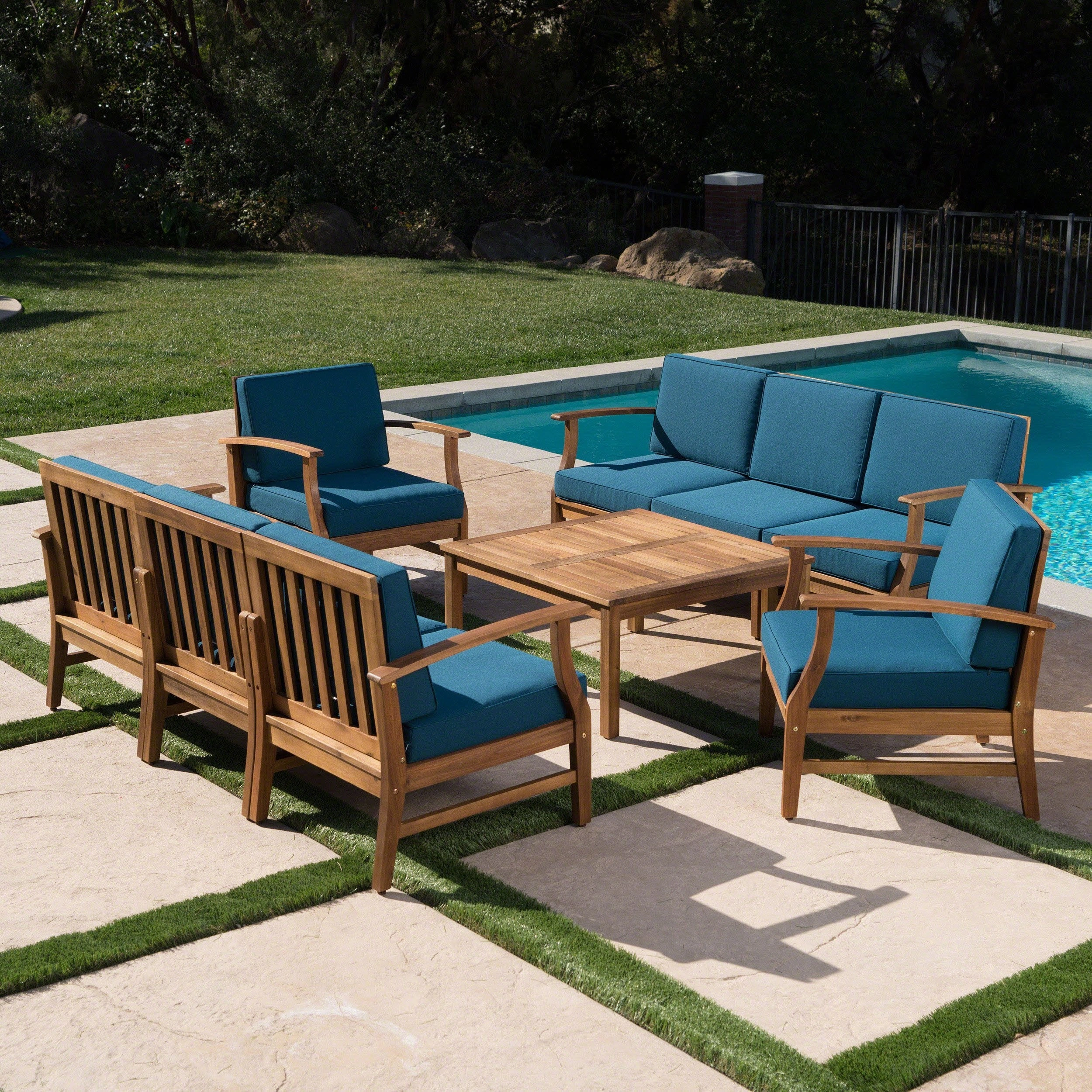 Outdoor 8 Seat Teak Finished Acacia Wood Sofa and Table Set - NH627303
