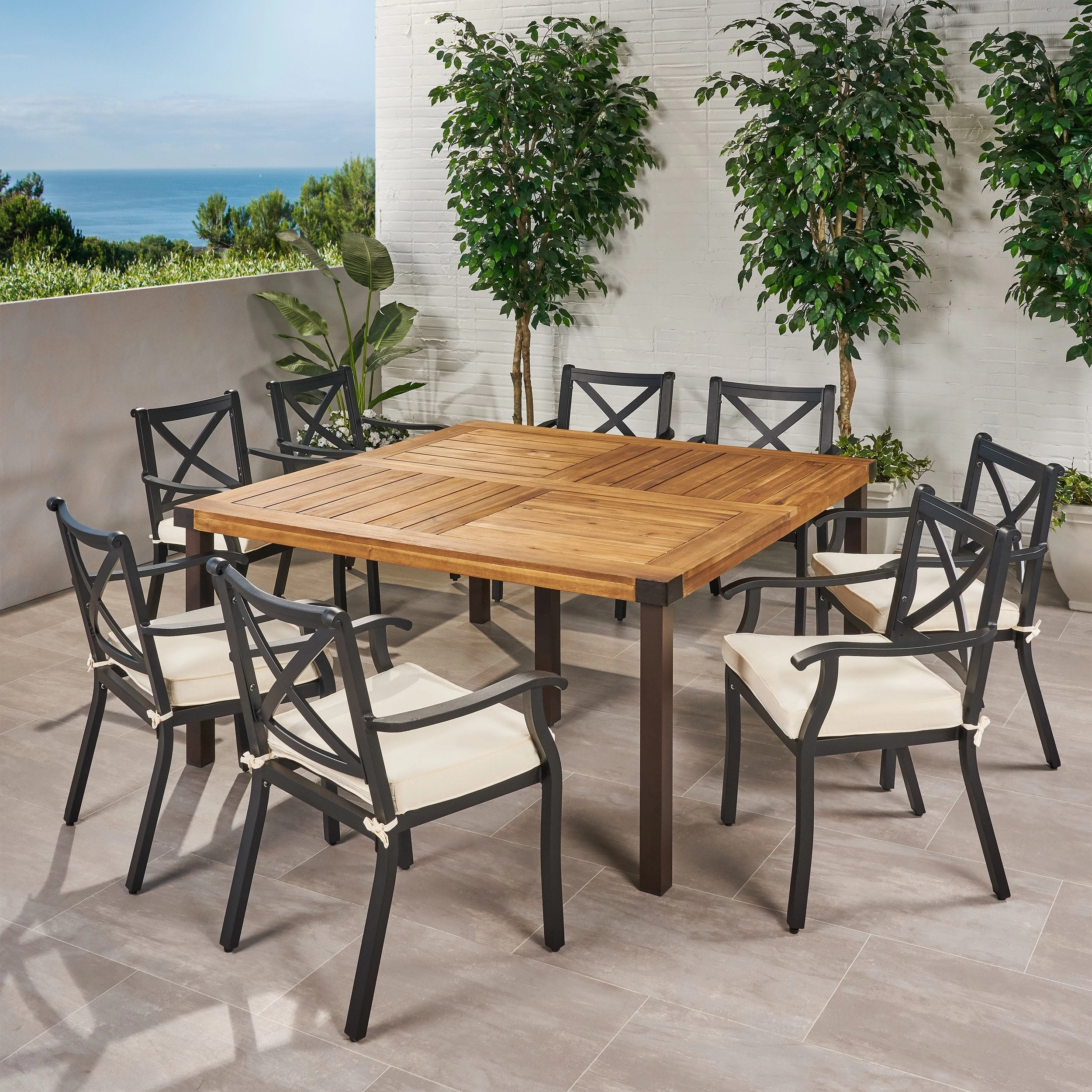 Outdoor 8 Seater Acacia Wood and Cast Aluminum Dining Set with Cushions - NH690013 outdoor lounge chair, patio sofa