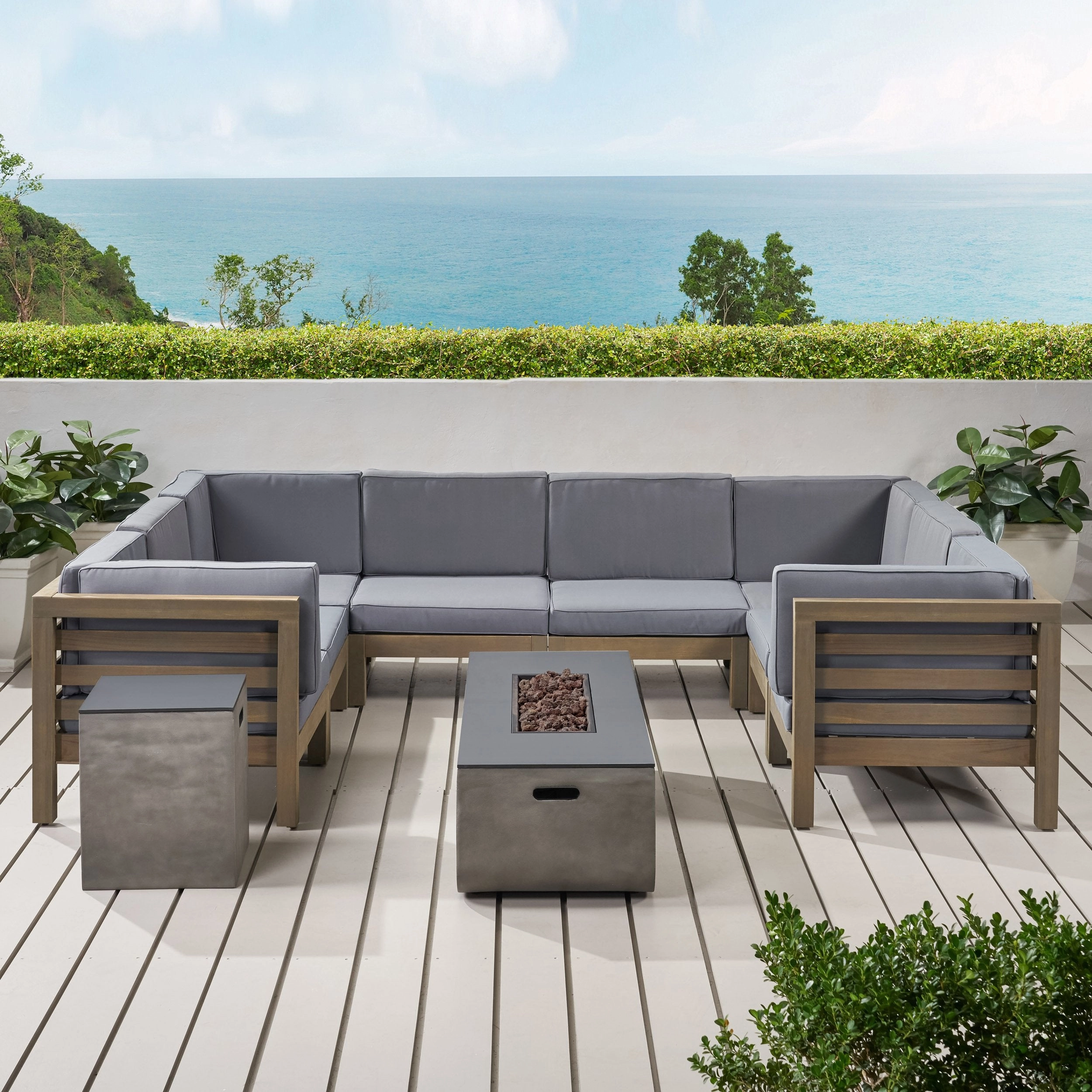 Outdoor 8 Seater Acacia Wood Sectional Sofa Set with Fire Pit and Tank Holder - NH564113 outdoor furniture, garden bench