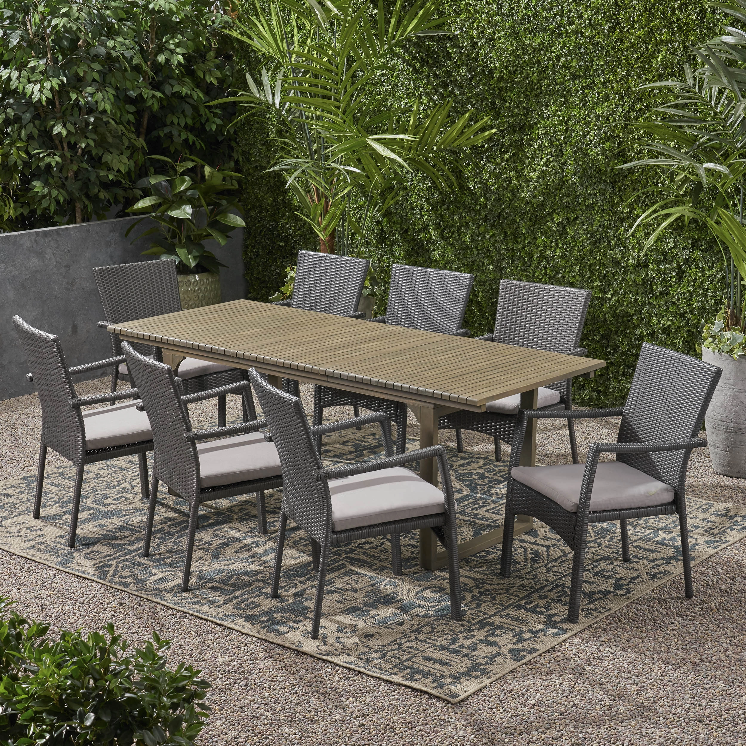 Outdoor 8 Seater Expandable Wood and Wicker Dining Set, Gray - NH586903 outdoor lounge chair, patio sofa