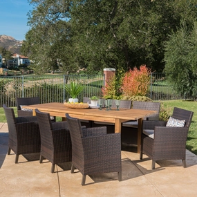 Outdoor 9 Piece Multibrown Wicker Dining Set with Teak Finished Acacia Wood Expandable Dining Table and Light Brown Water Resistant Cushions - NH575303 outdoor lounge chair, patio sofa