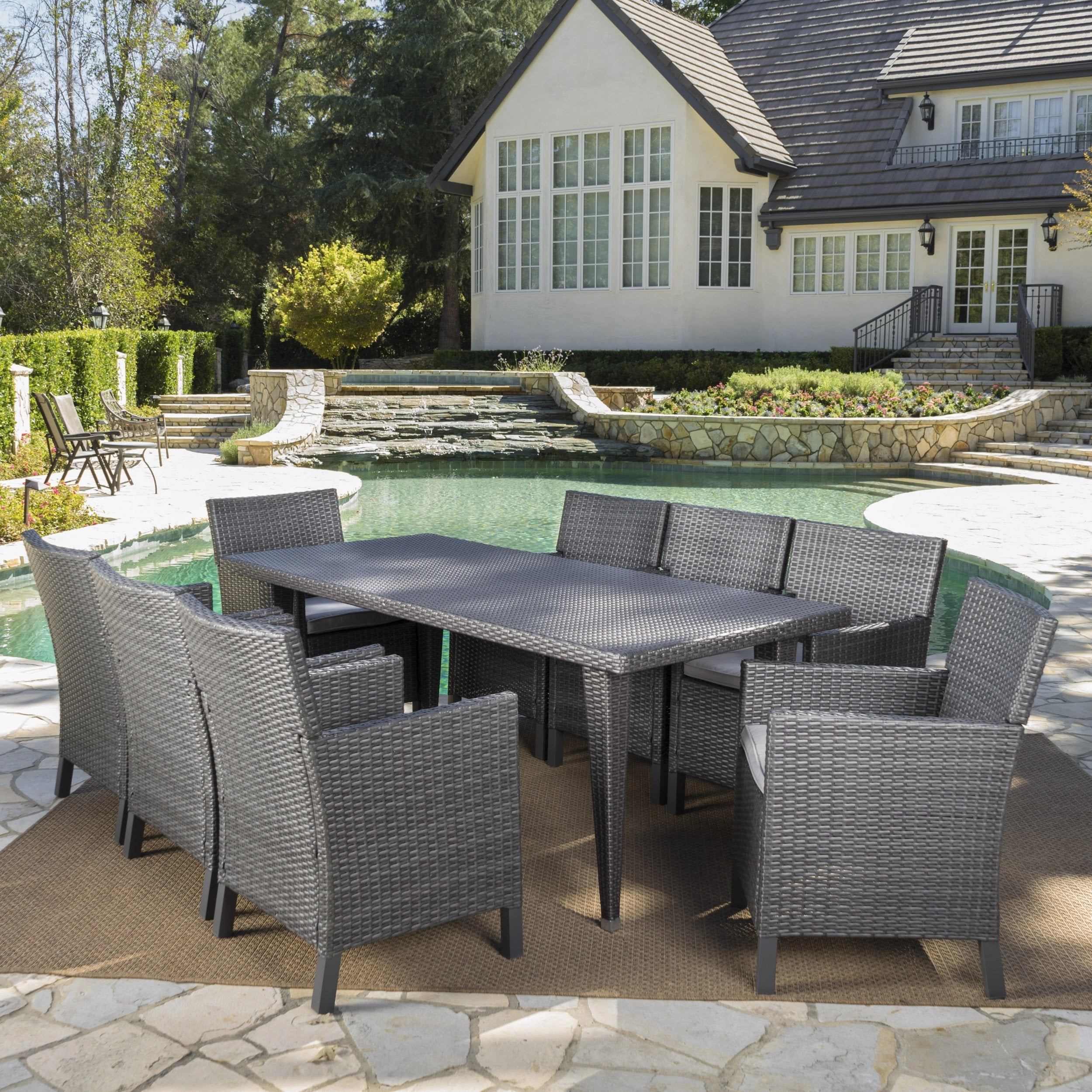 Outdoor 9 Piece Wicker Dining Set with Water Resistant Cushions - NH443203