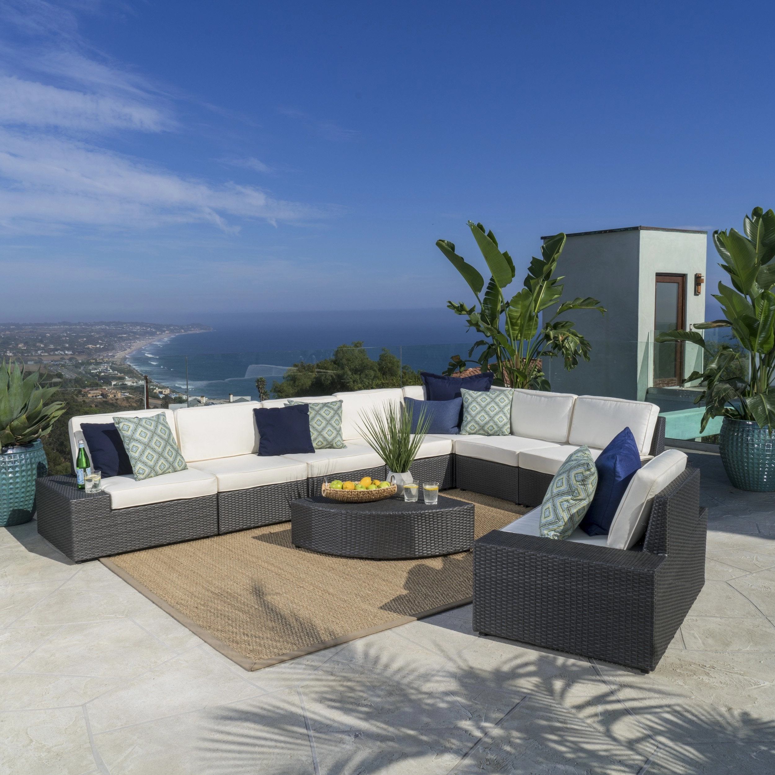 Outdoor 9 Piece Wicker Sectional with Beige Water Resistant Cushions - NH767103