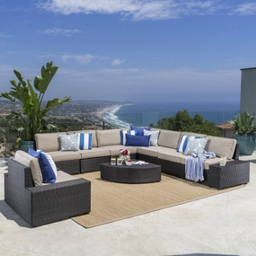 Outdoor 9 Piece Wicker Sectional with Beige Water Resistant Cushions - NH767103 outdoor furniture, garden bench