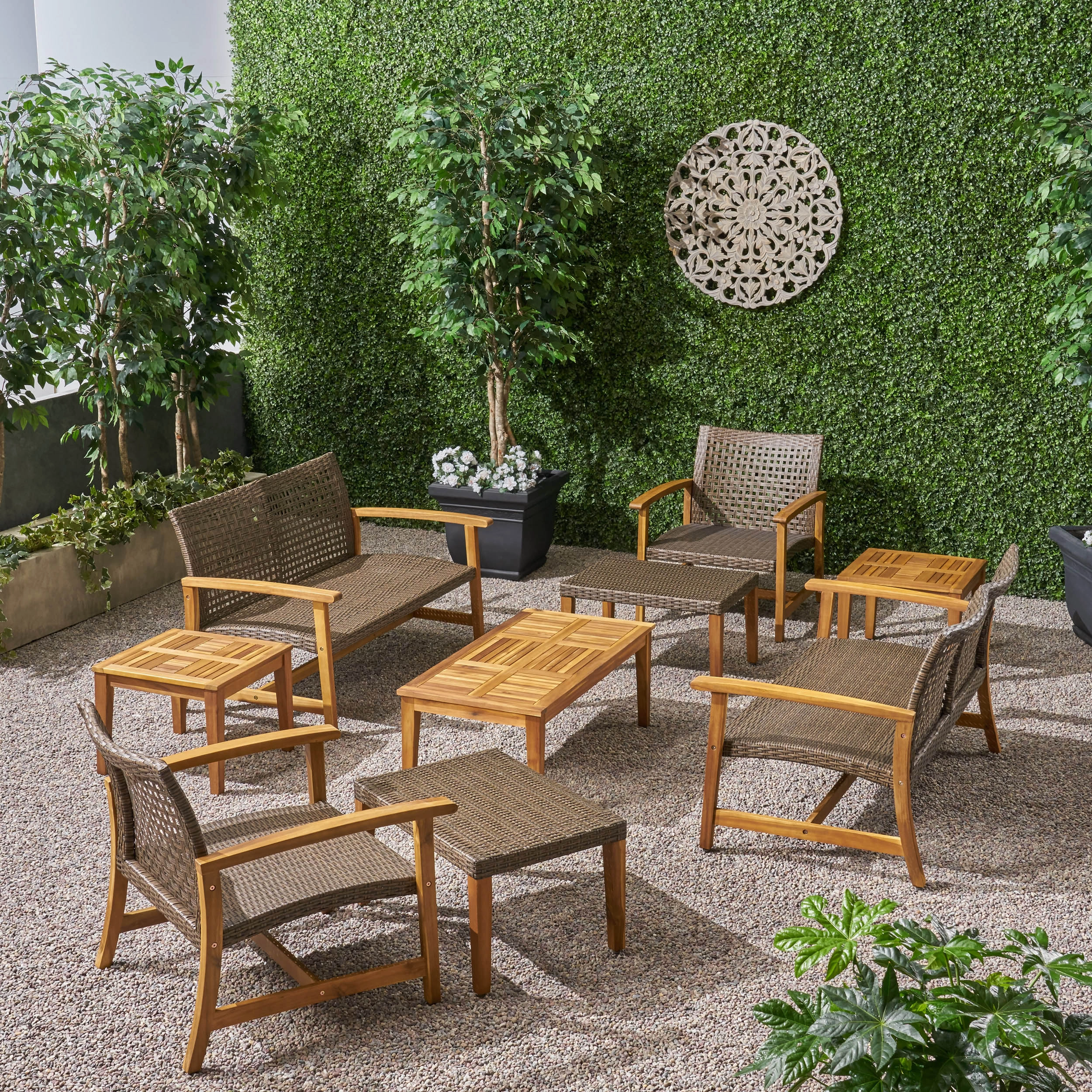 Outdoor 9 Piece Wood and Wicker Chat Set - NH671803 outdoor furniture, garden bench