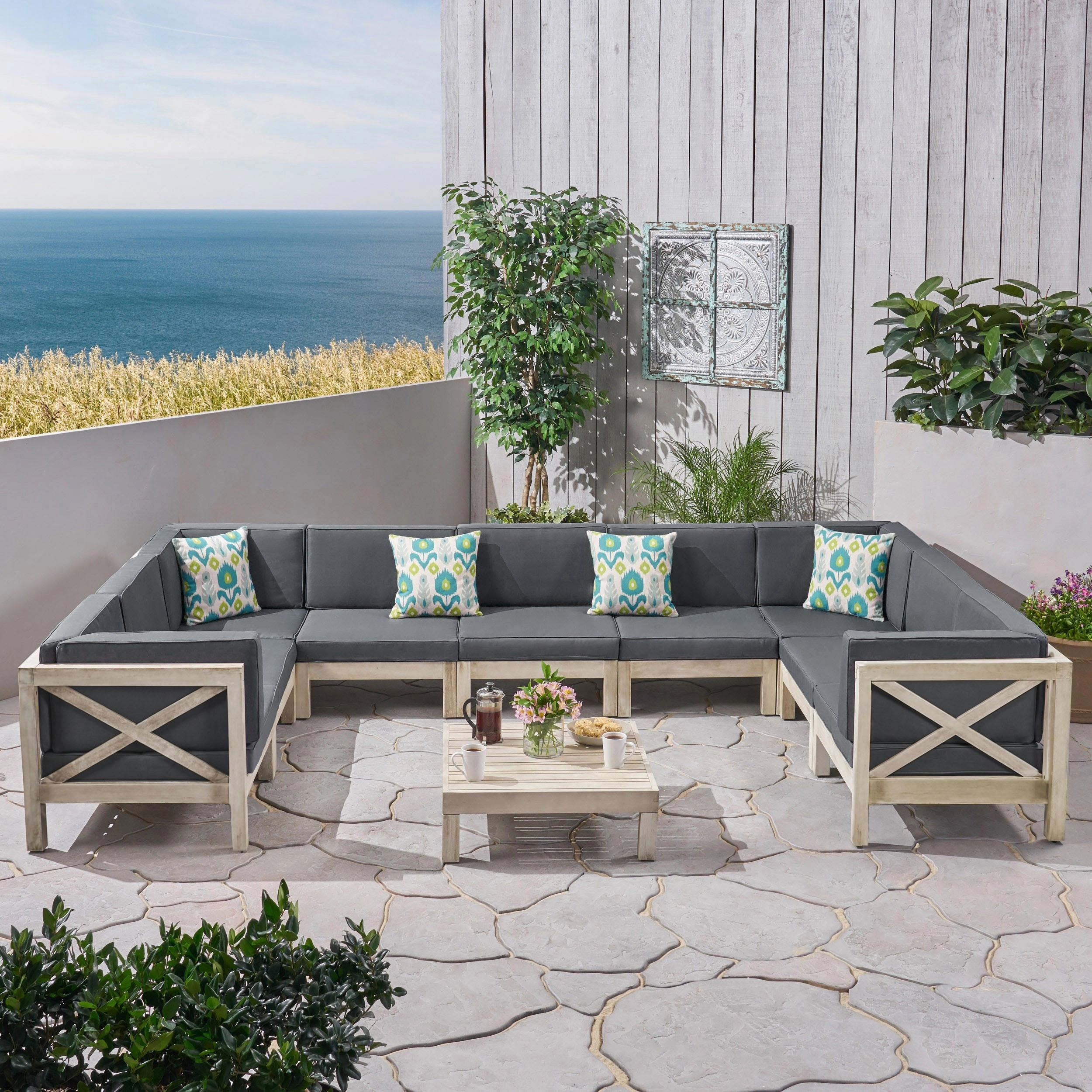 Outdoor 9 Seater Acacia Wood Sectional Sofa Set, Weathered Finish and Dark Gray - NH844803