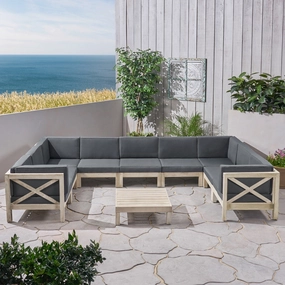 Outdoor 9 Seater Acacia Wood Sectional Sofa Set, Weathered Finish and Dark Gray - NH844803 outdoor furniture, garden bench