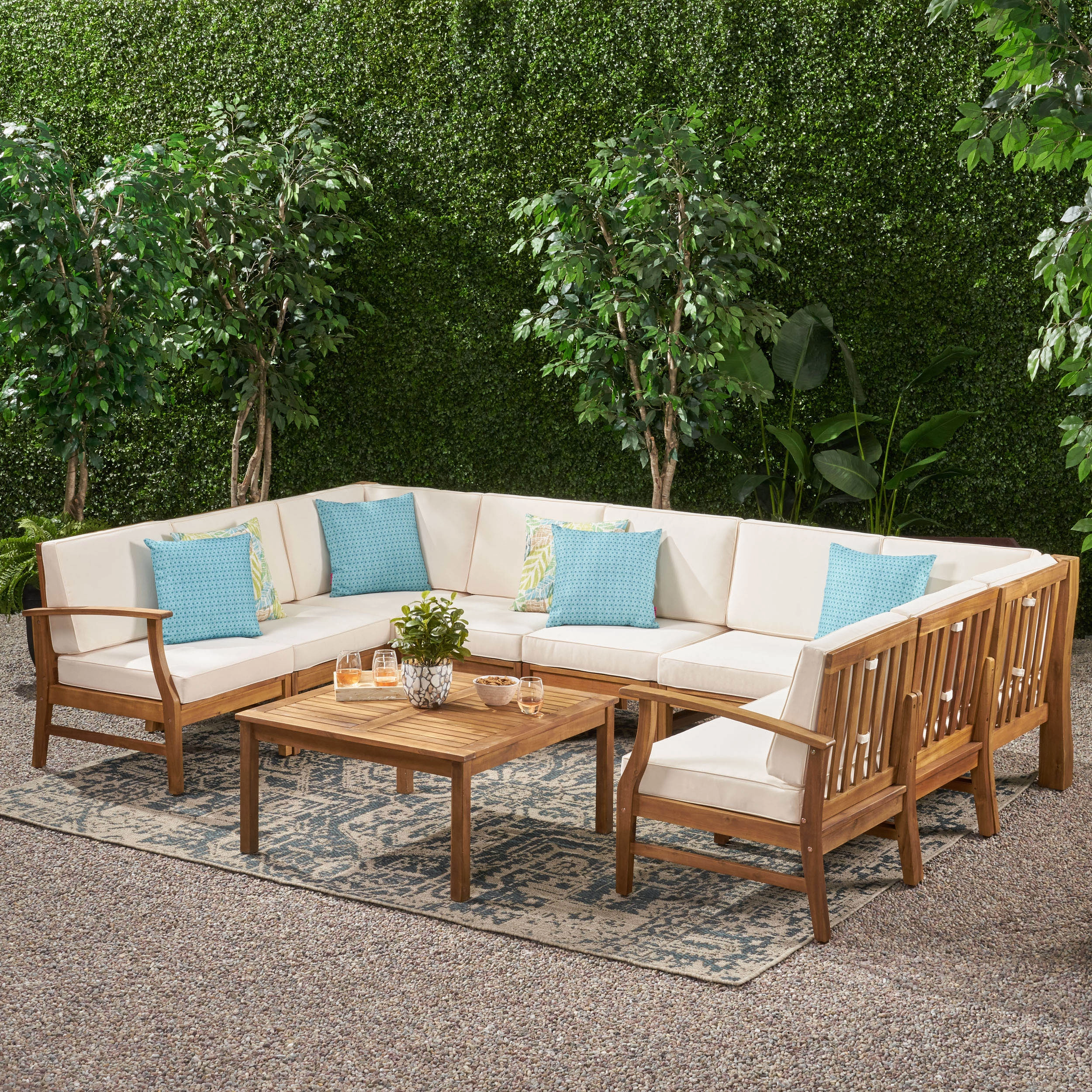 Outdoor 9 Seater Acacia Wood Sectional Sofa Set with Cushions - NH757403