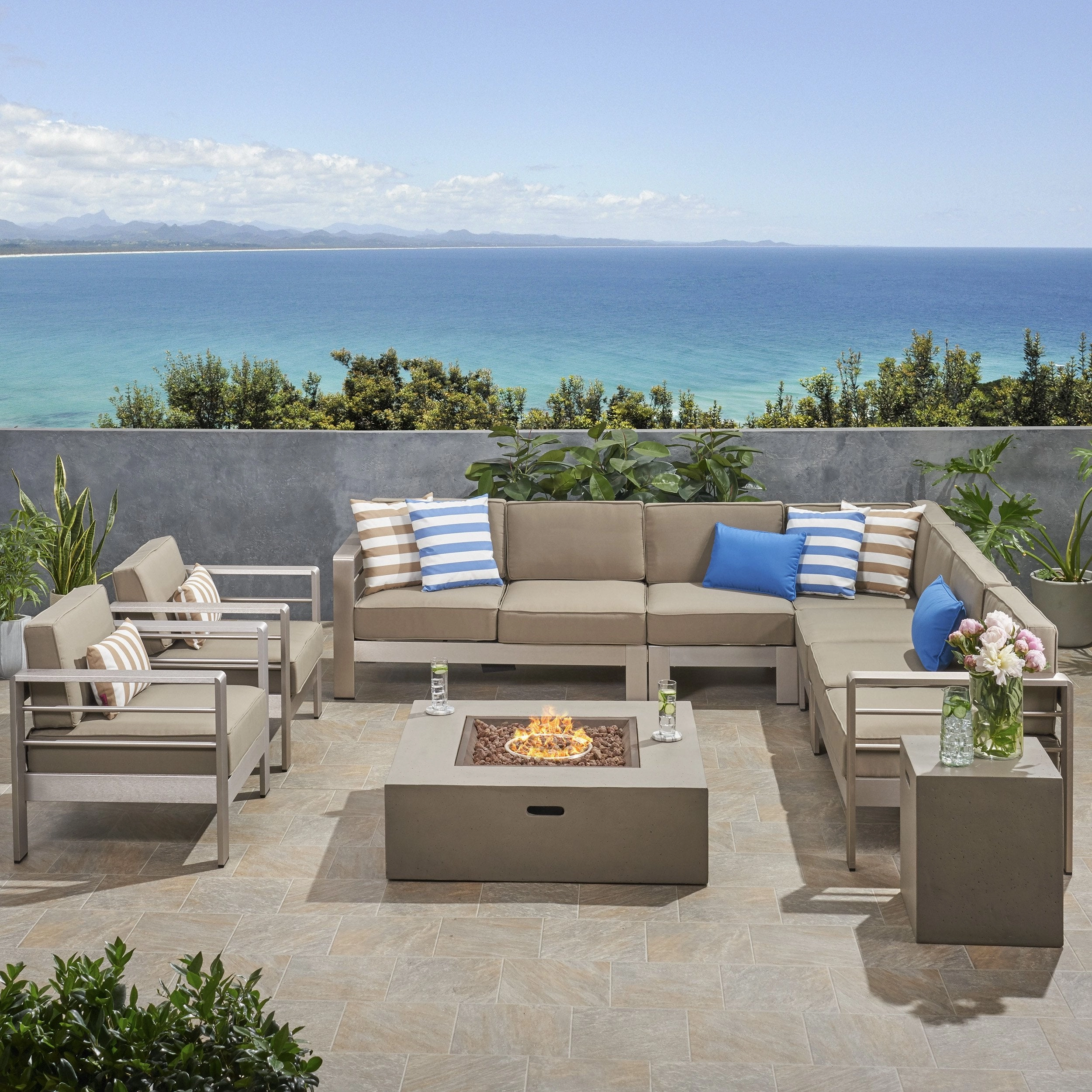 Outdoor 9 Seater Aluminum L-Shaped Sofa Sectional and Fire Pit Set - NH078903 outdoor furniture, garden bench